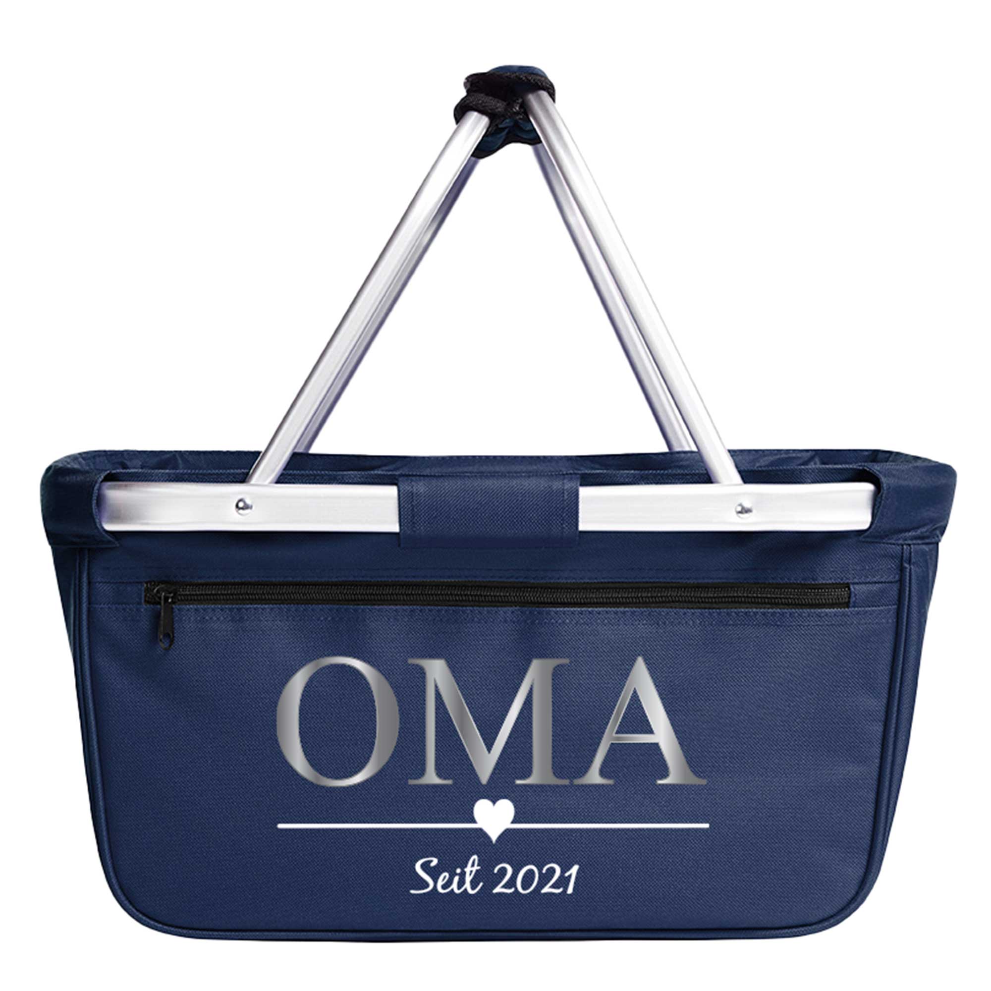 Blauer personalisierter Einkaufskorb für Oma – freigestellt auf weißem Hintergrund