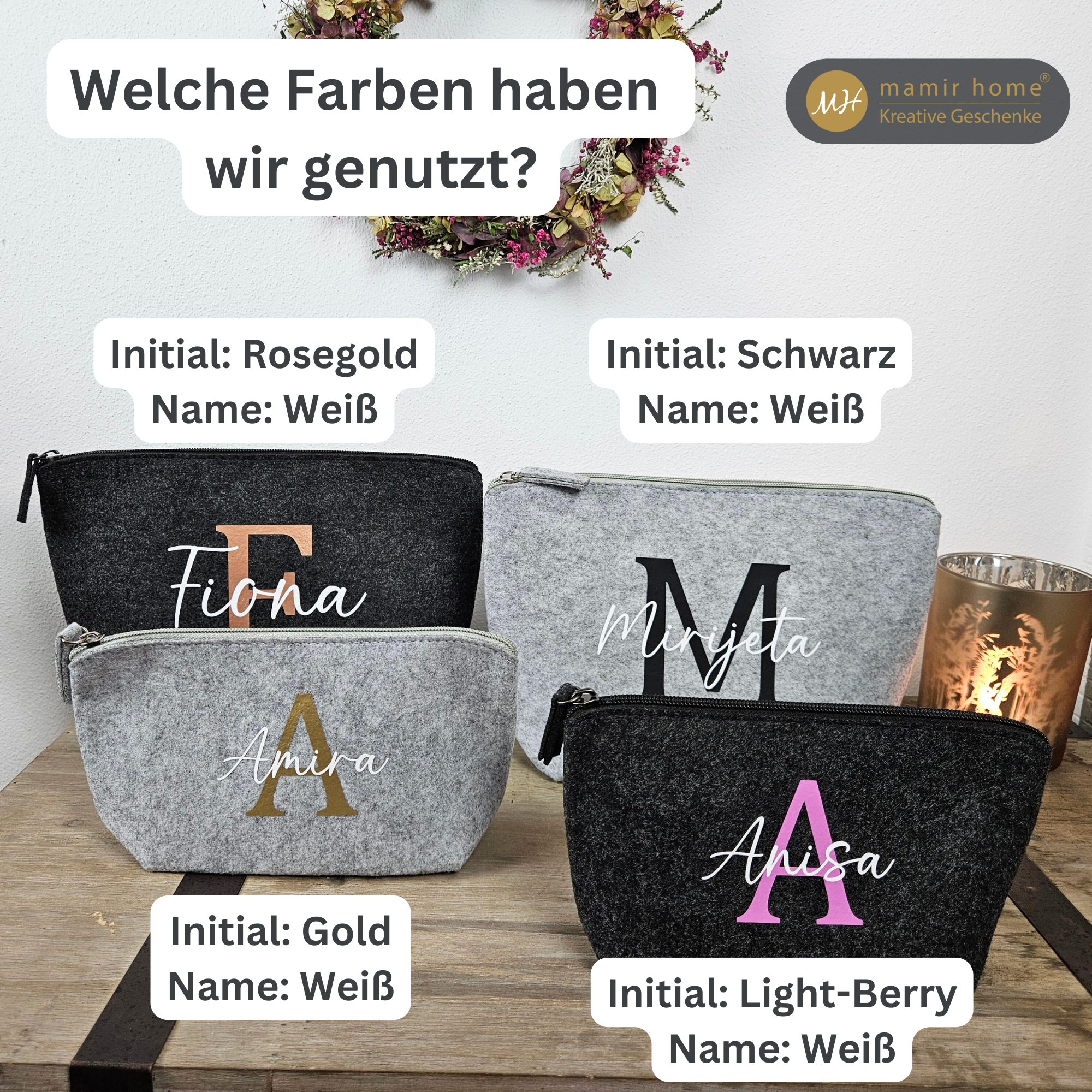 Infobild mit Farbangaben und Beispielkombinationen für Kosmetiktaschen mit Namen.