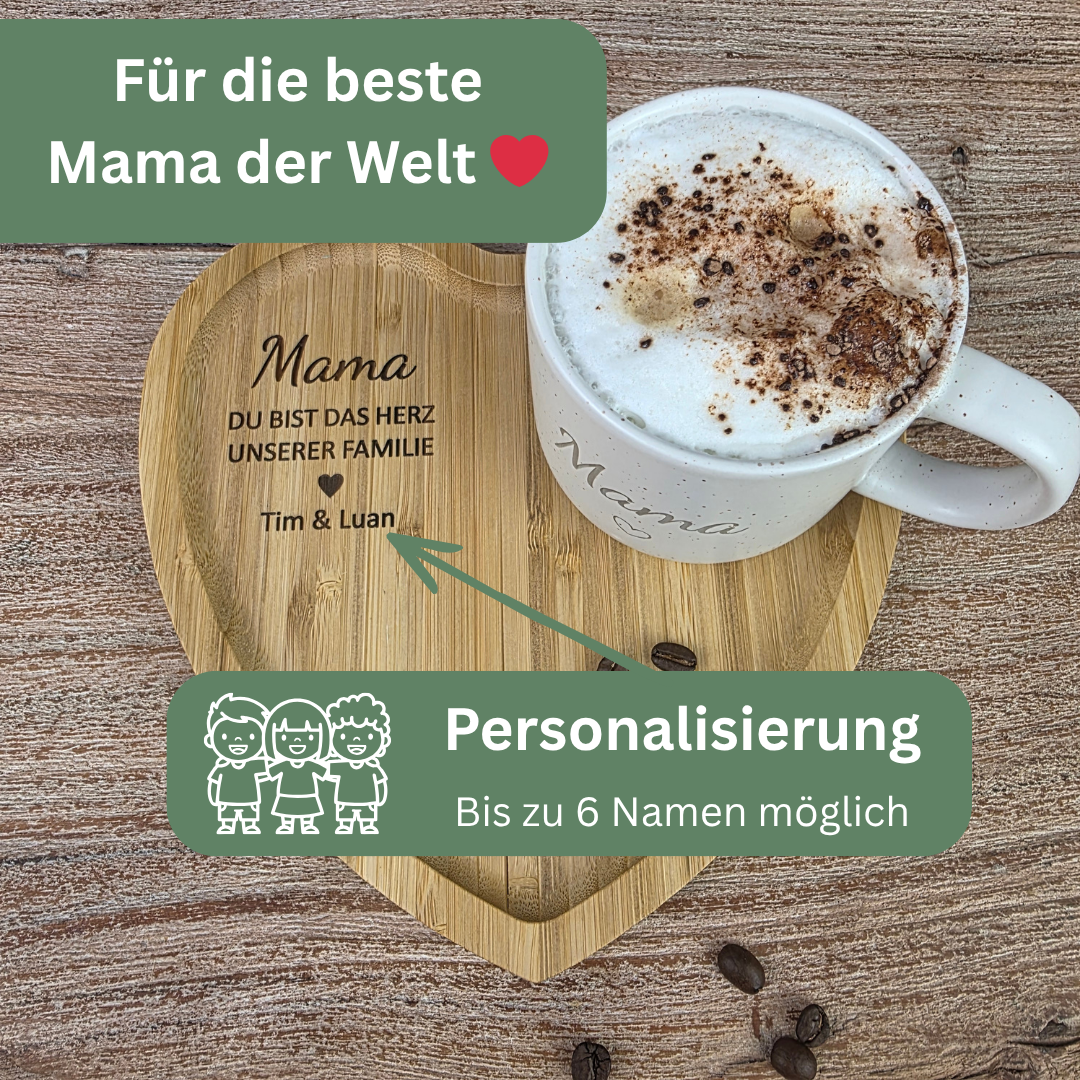 Muttertagsgeschenk Mama personalisiert – Tasse Mama & Herz Tablett mit Gravur | Geschenk für Mama & Oma | Du bist das Herz unserer Familie + Namen
