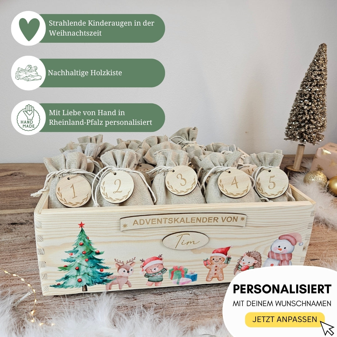 Handgemachter personalisierter Adventskalender mit 3D Namensschild, nachhaltige Holzbox mit liebevollen Motiven
