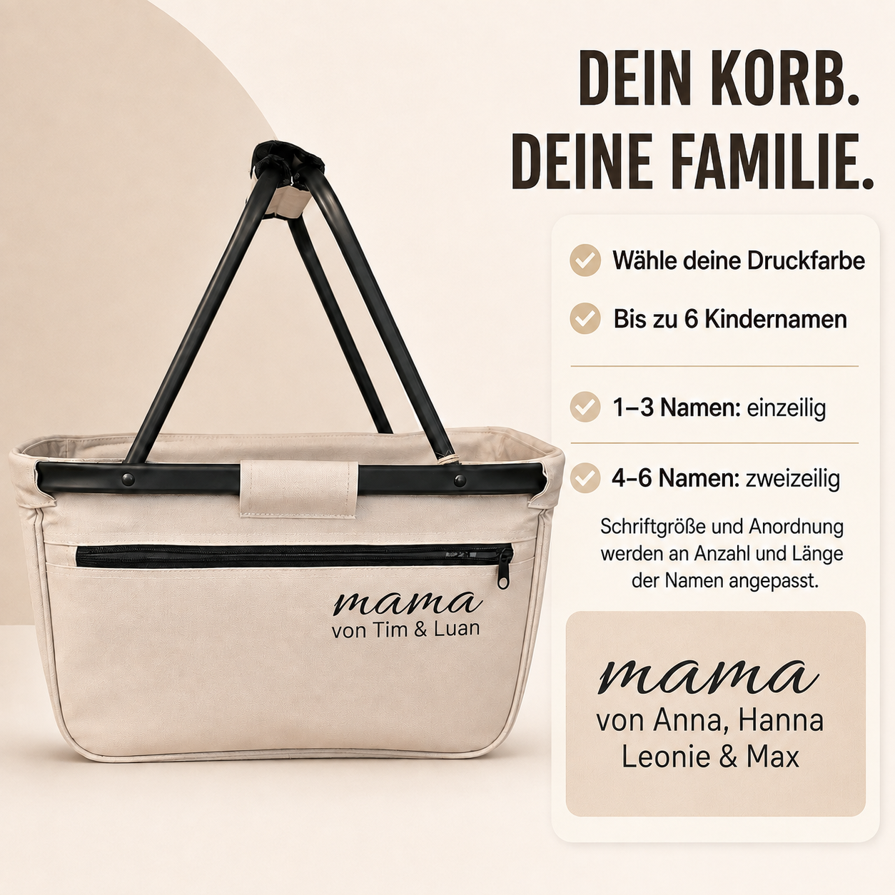 Personalisierter Einkaufskorb für Mama mit Kindernamen – Beige