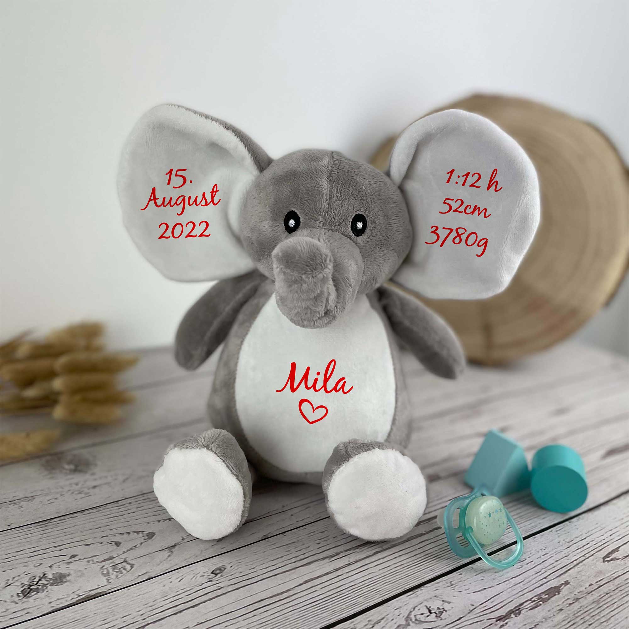Personalisierter Elefant zur Geburt – Kuscheltier mit Namen und Geburtsdaten, Geschenk für Babys
