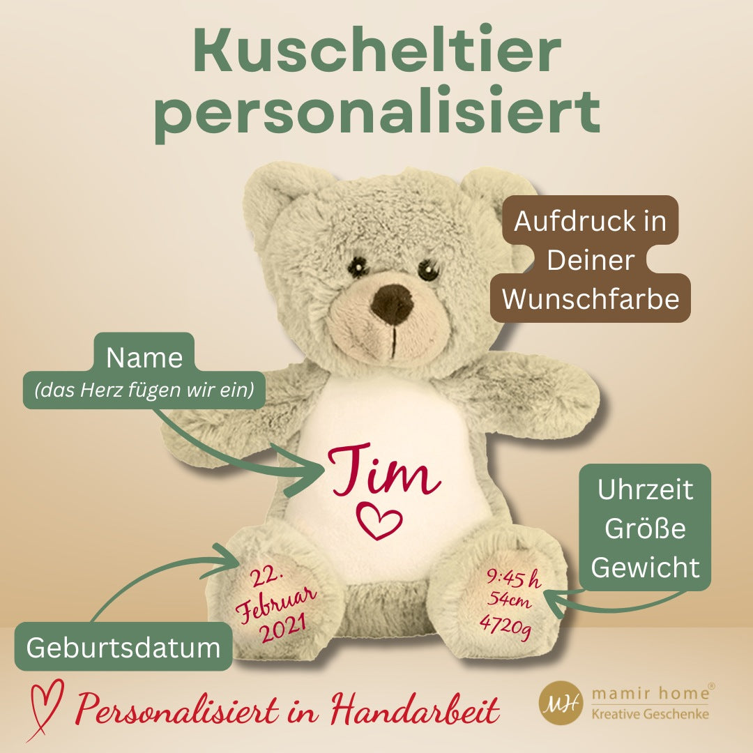 Kuscheltier personalisiert Baby – Teddybär mit Name & Geburtsdaten