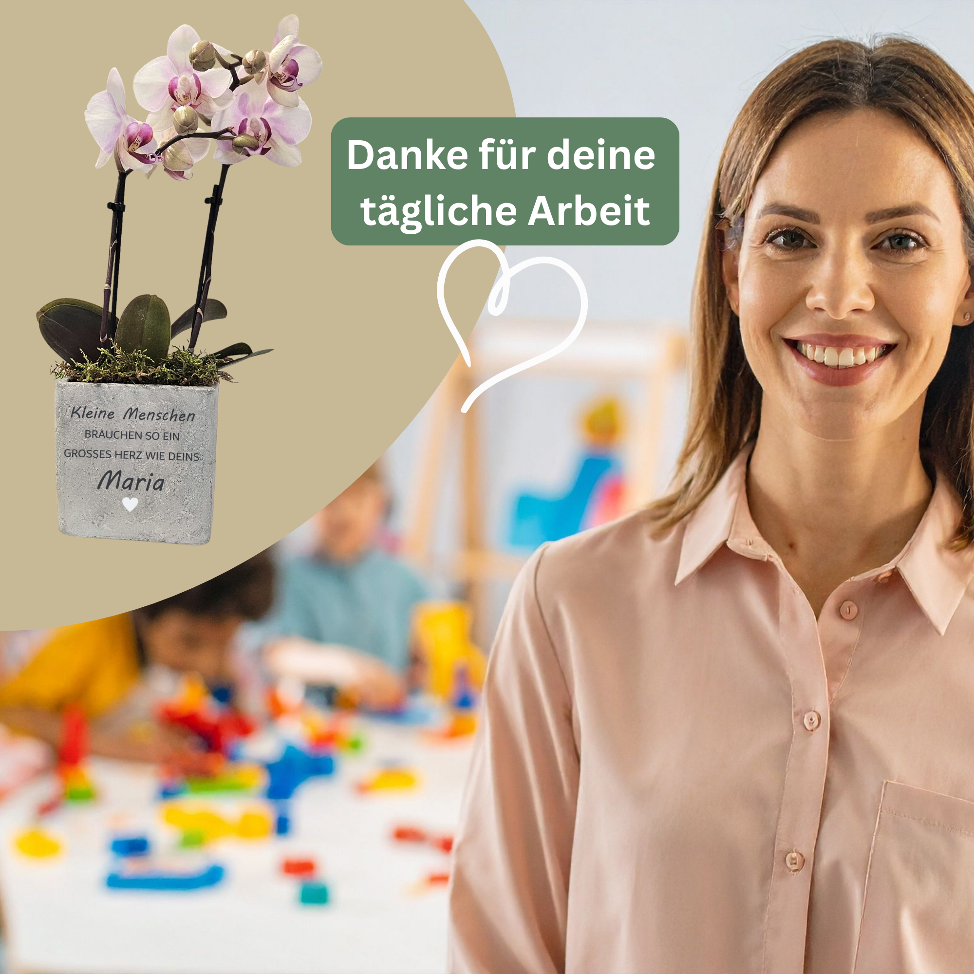 Abschiedsgeschenk Erzieherin personalisiert – Blumentopf aus Beton mit Gravur & 3D Herz - 2 Größen