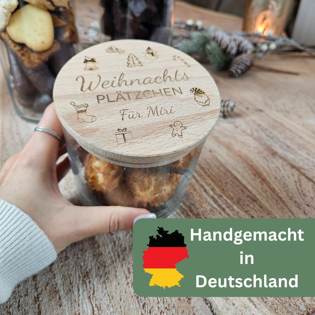 Handgemachte Plätzchendose aus Glas, Gravur „Weihnachtsplätzchen“, personalisiert in Deutschland