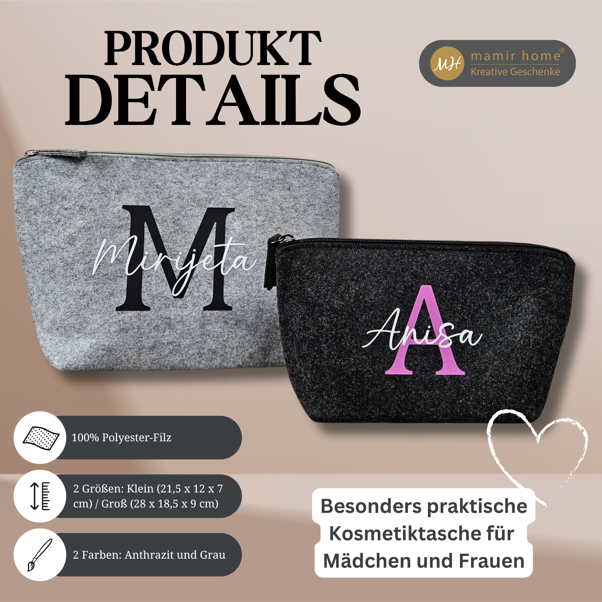 Produktdetails zur personalisierten Kosmetiktasche aus Filz in Grau und Anthrazit