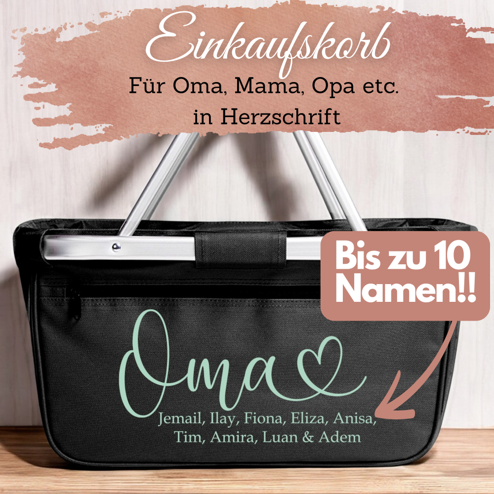 Übersicht personalisierter Einkaufskorb mit Namen, ideal als Geschenk für Oma, Mama, Opa oder Tante – robust und praktisch