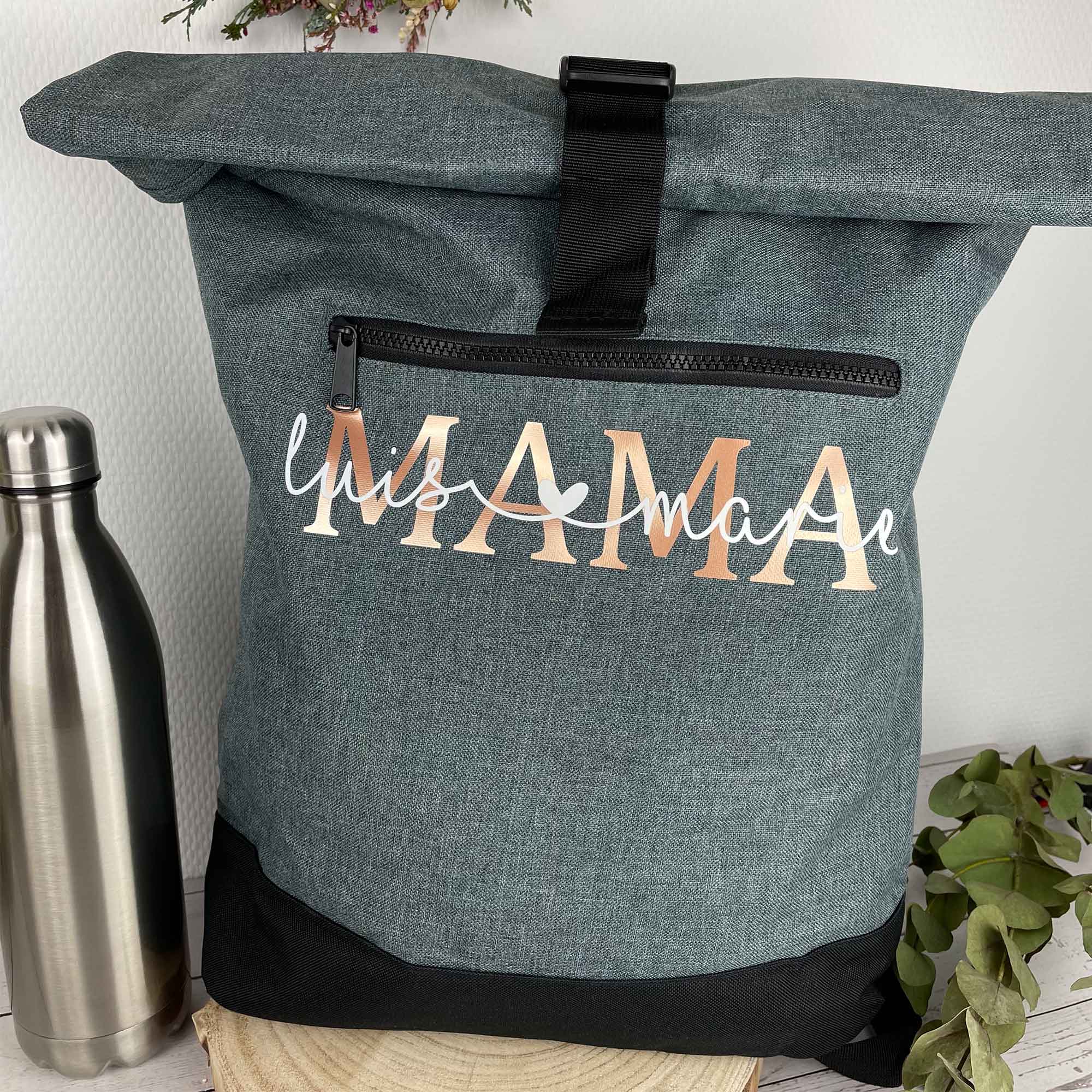 Wickelrucksack personalisiert Damen | Rolltop Rucksack mit Namen für Mama – personalisierter Rucksack für Erwachsene