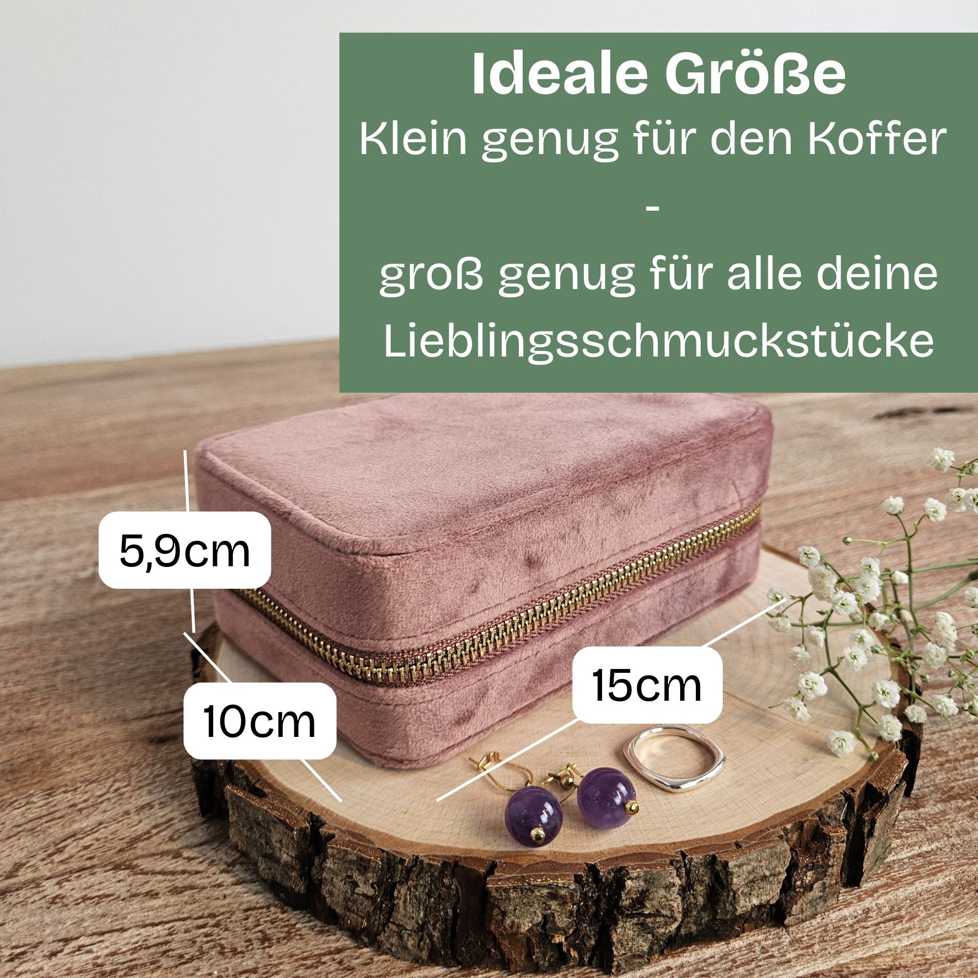 Schmuckkästchen aus Samt in Altrosa mit Maßen 15 × 10 × 5,9 cm – kompakt, edel und perfekt für unterwegs.