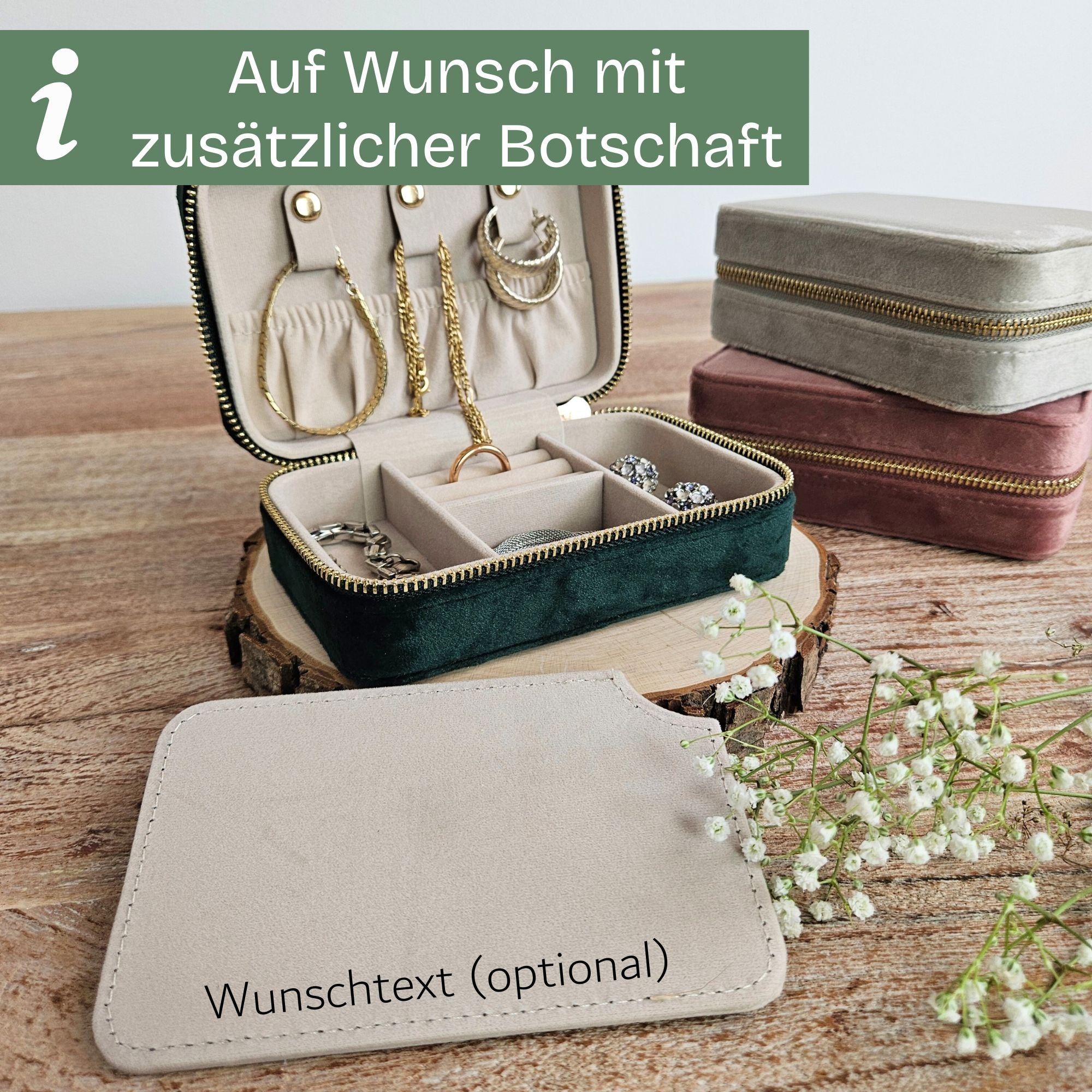 Schmuckkästchen mit Innenfach für Wunschtext – personalisierbar mit Namen und Botschaft, ideales Geschenk für Frauen.