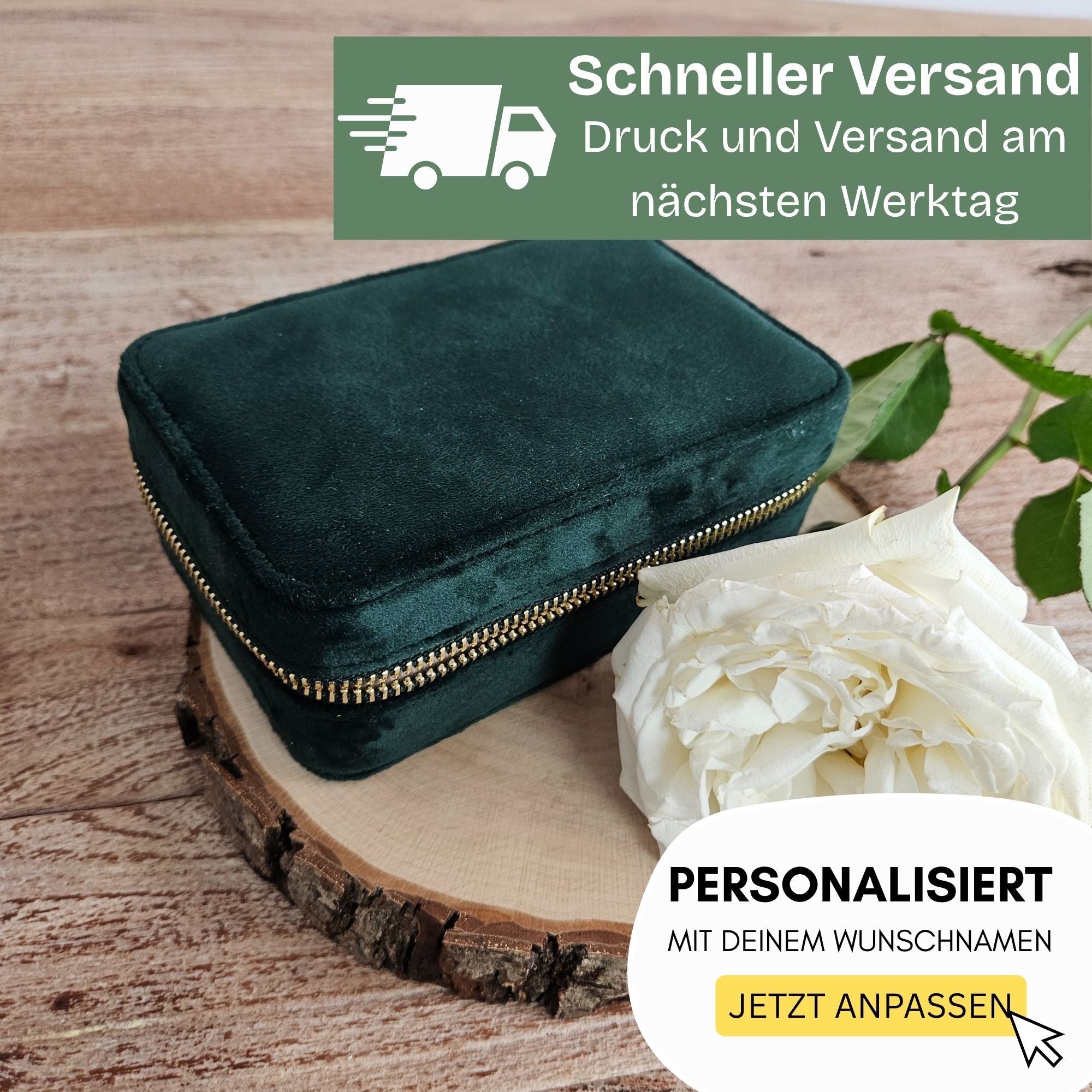 Personalisierbares Schmuckkästchen aus Samt – Name, Botschaft & schneller Versand am nächsten Werktag.