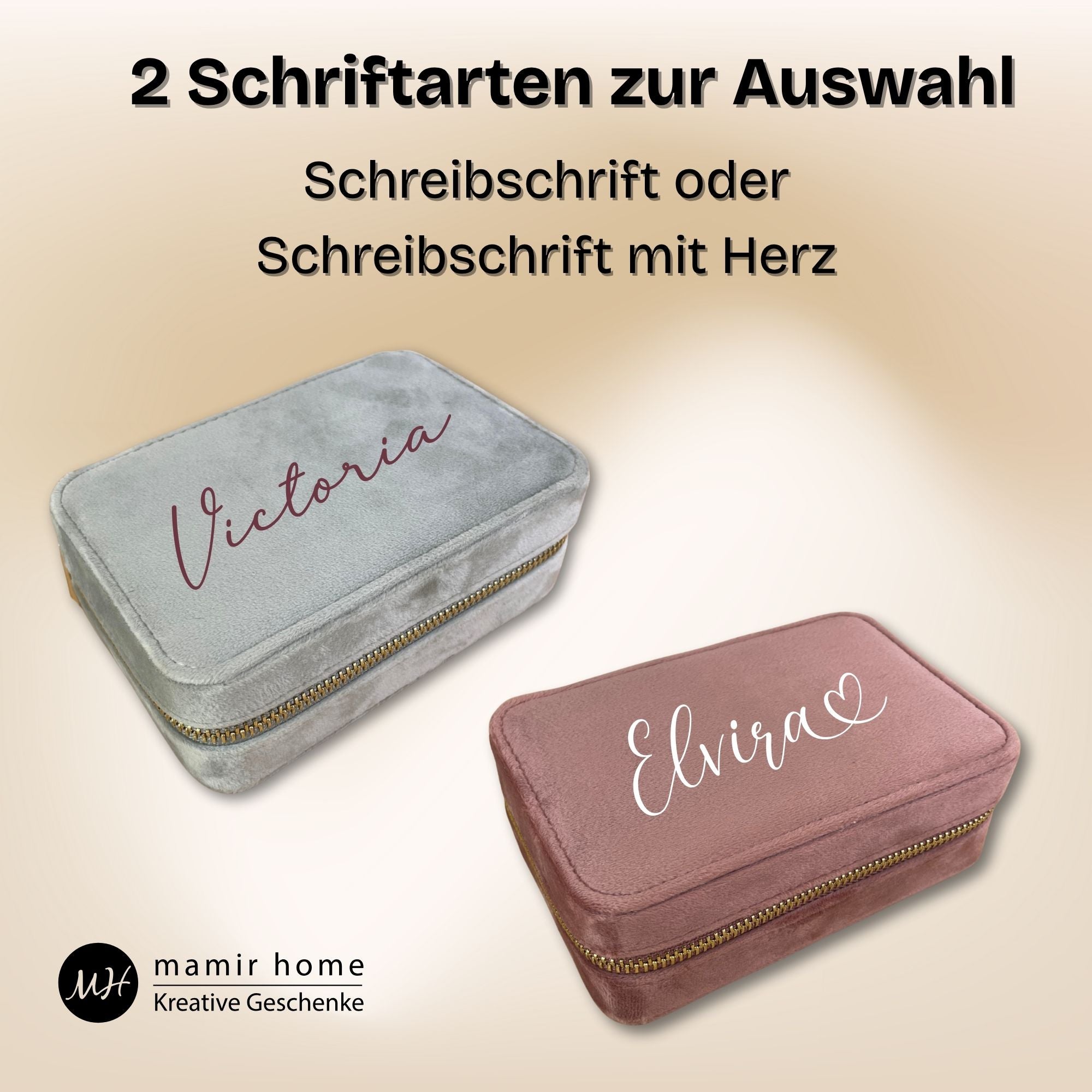 Schmuckkästchen mit zwei Schriftarten zur Auswahl – klassisch oder mit Herz, personalisiert mit Wunschnamen.