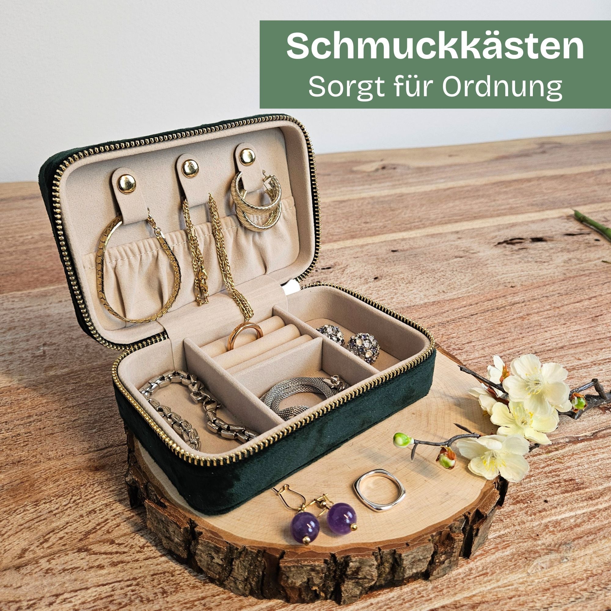 Schmuckkästchen personalisiert mit Namen – praktischer Organizer für Ketten, Ringe und Ohrringe, ideal für Reisen.