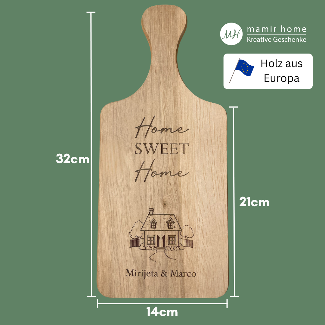 Schneidebrett Home Sweet Home mit Gravur – Maße 32x14 cm – nachhaltiges Geschenk zum Einzug ins Haus