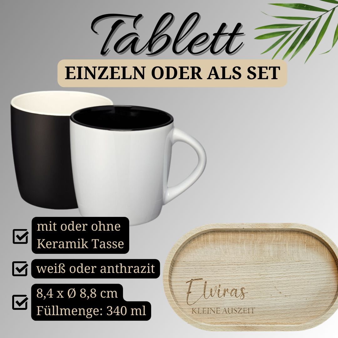 Keramiktassen in Weiß und Anthrazit als Set mit personalisiertem Tablett 'kleine Auszeit'