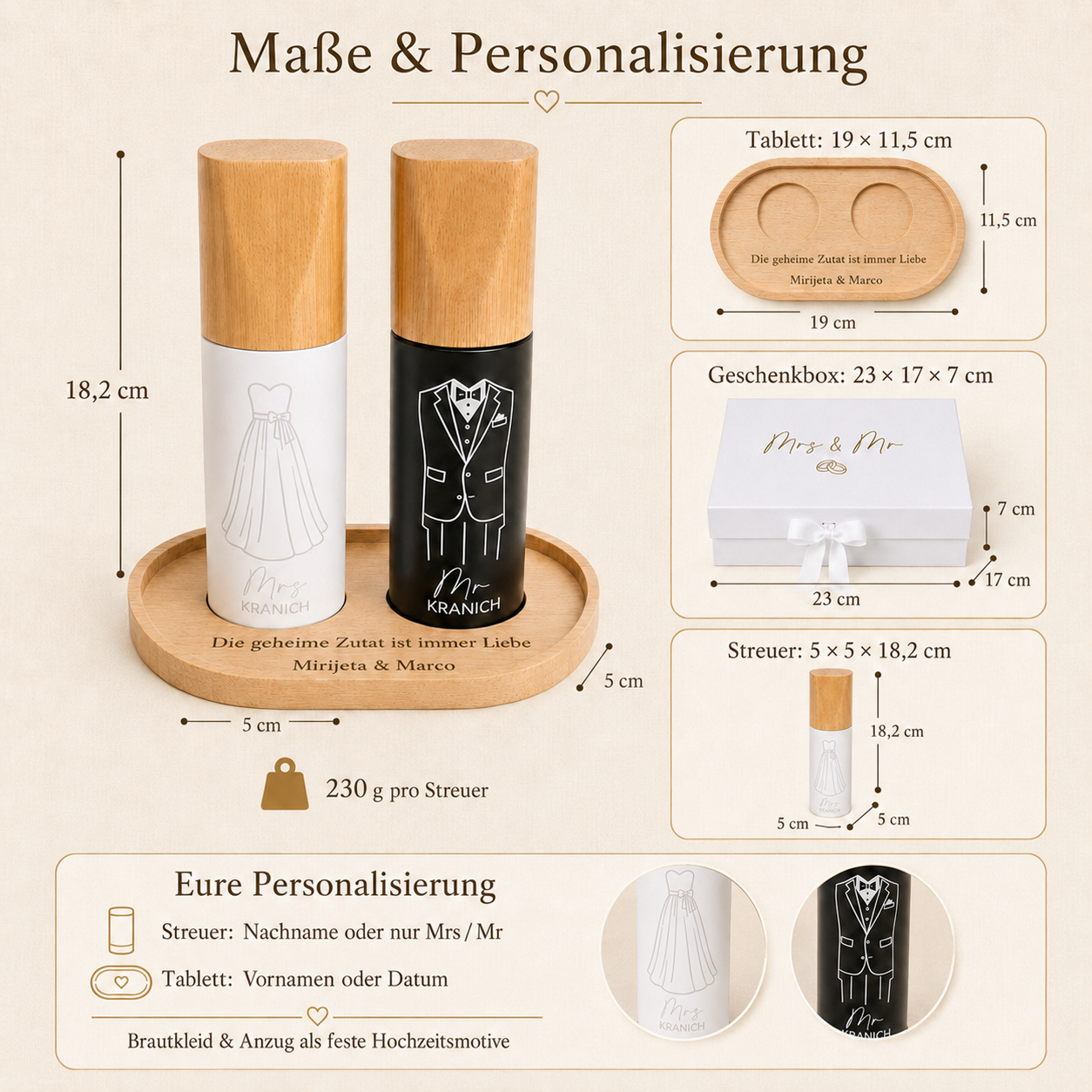 Maße und Personalisierung des Hochzeitssets mit 18,2 cm hohen Gewürzmühlen, Holztablett und weißer Geschenkbox mit Schleife.