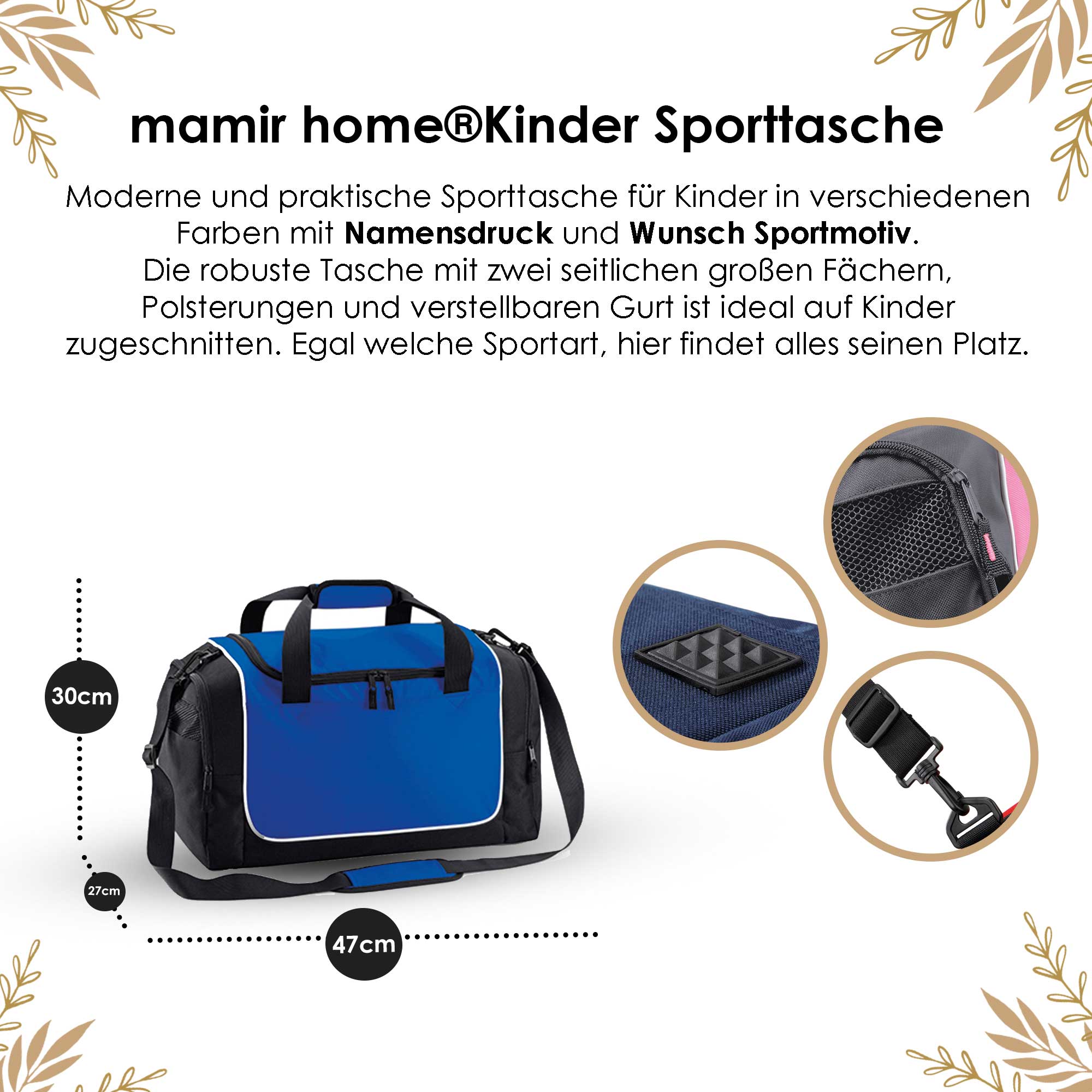 Infobild zur Kindersporttasche mit Namen – Maße, Volumen und Details im Überblick