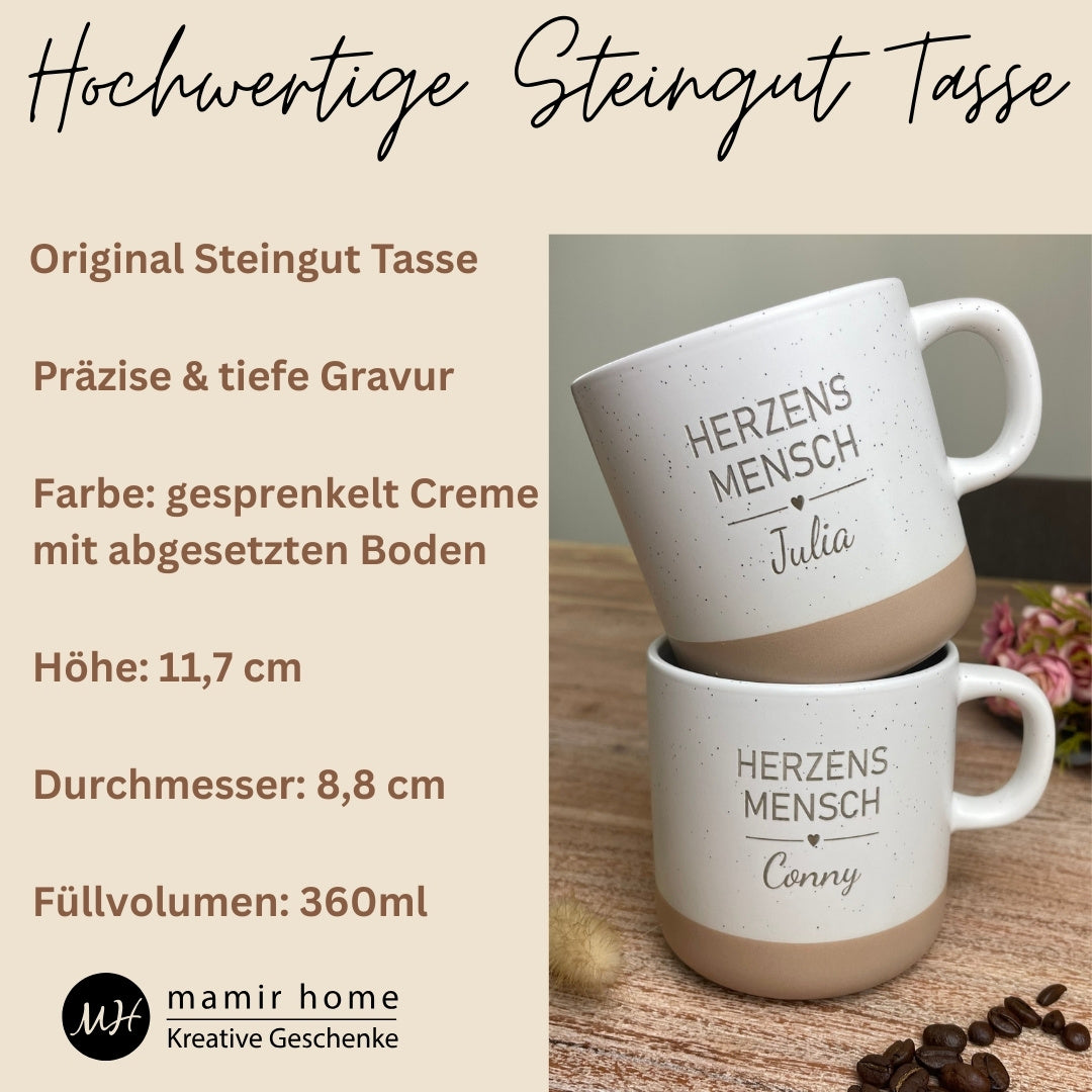 Hochwertige Steingut Tasse im Creme-Design mit Gravur Herzensmensch und Namen Julia oder Conny, 360 ml Füllmenge