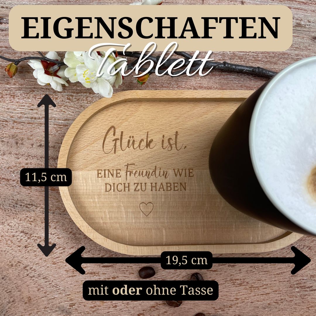 Maße des Holztabletts mit Gravur 'Glück ist eine Freundin wie dich zu haben' – perfekte Geschenkidee.