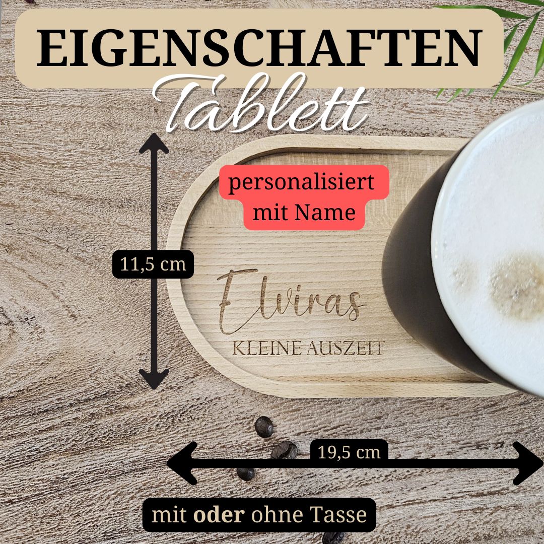 Produktbild mit Maßen eines gravierten Tabletts 'kleine Auszeit', optional mit Tasse, personalisierbar mit Namen