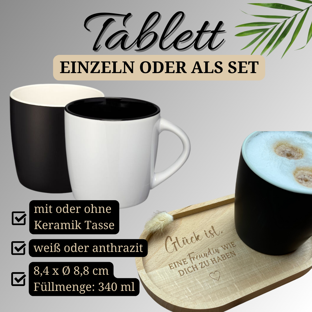 Produktdetails: Holztablett mit Tasse – personalisiertes Geschenk für die beste Freundin.