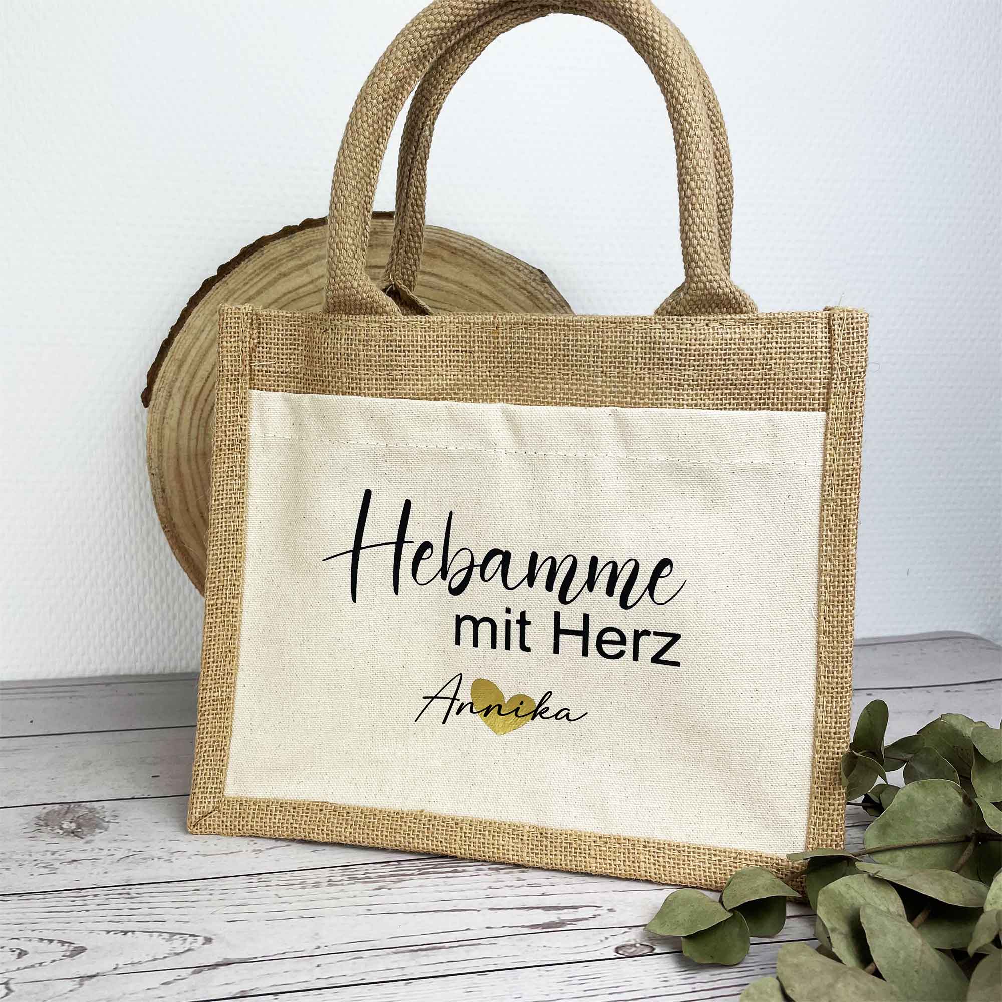 Tasche Hebamme mit Herz mit Name und goldfarbenem Herz – ideale Abschiedsgeschenk für Deine Hebamme