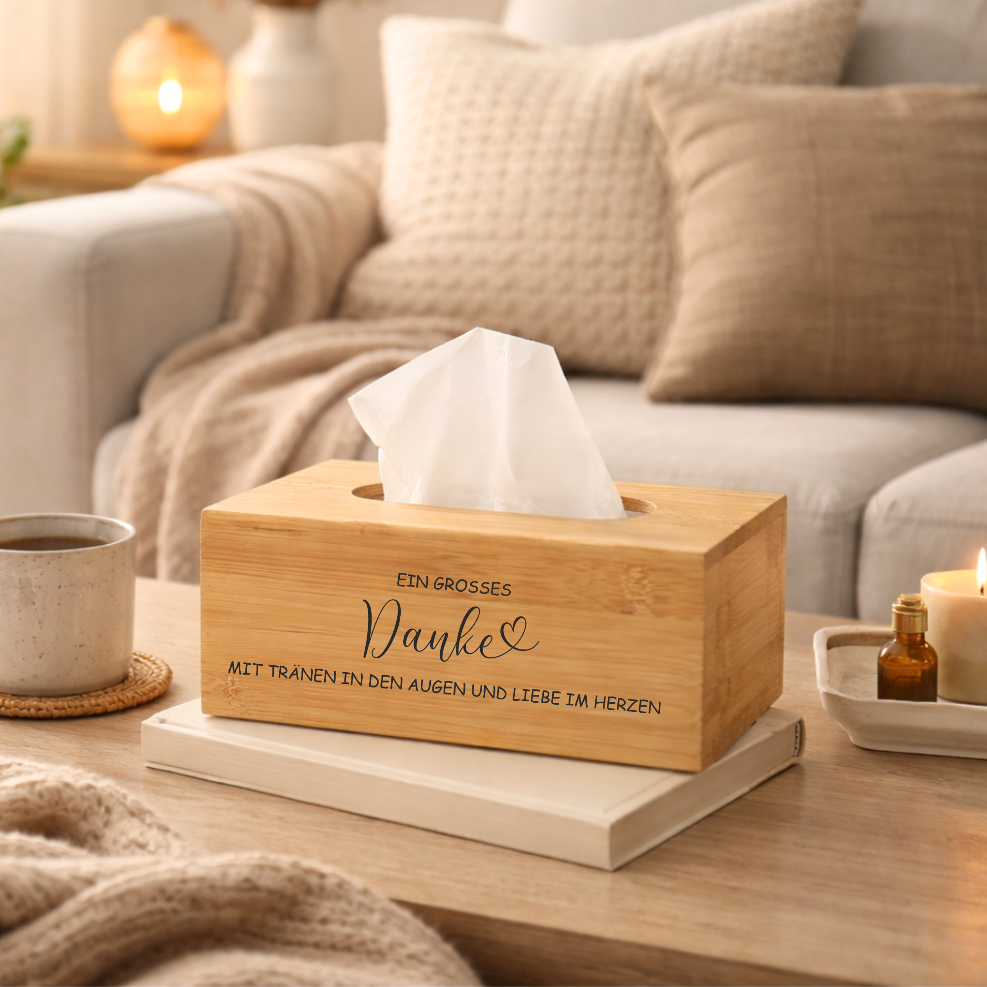Dekorative Taschentuchbox personalisiert aus Bambus als Danke Geschenk für besondere Alltagsmomente im Wohnzimmer