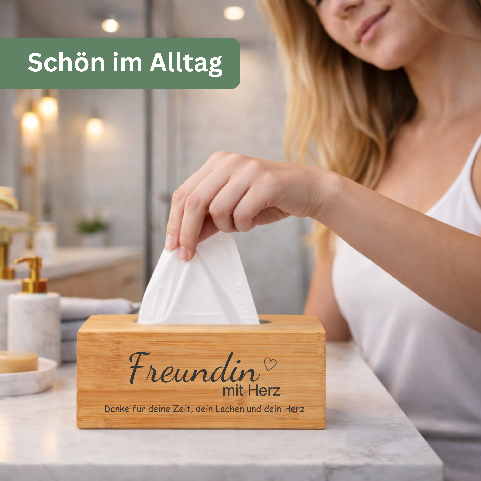 Taschentuchbox personalisiert aus Bambus – „WUNSCHTEXT mit Herz“ | Danke Geschenk & Abschiedsgeschenk