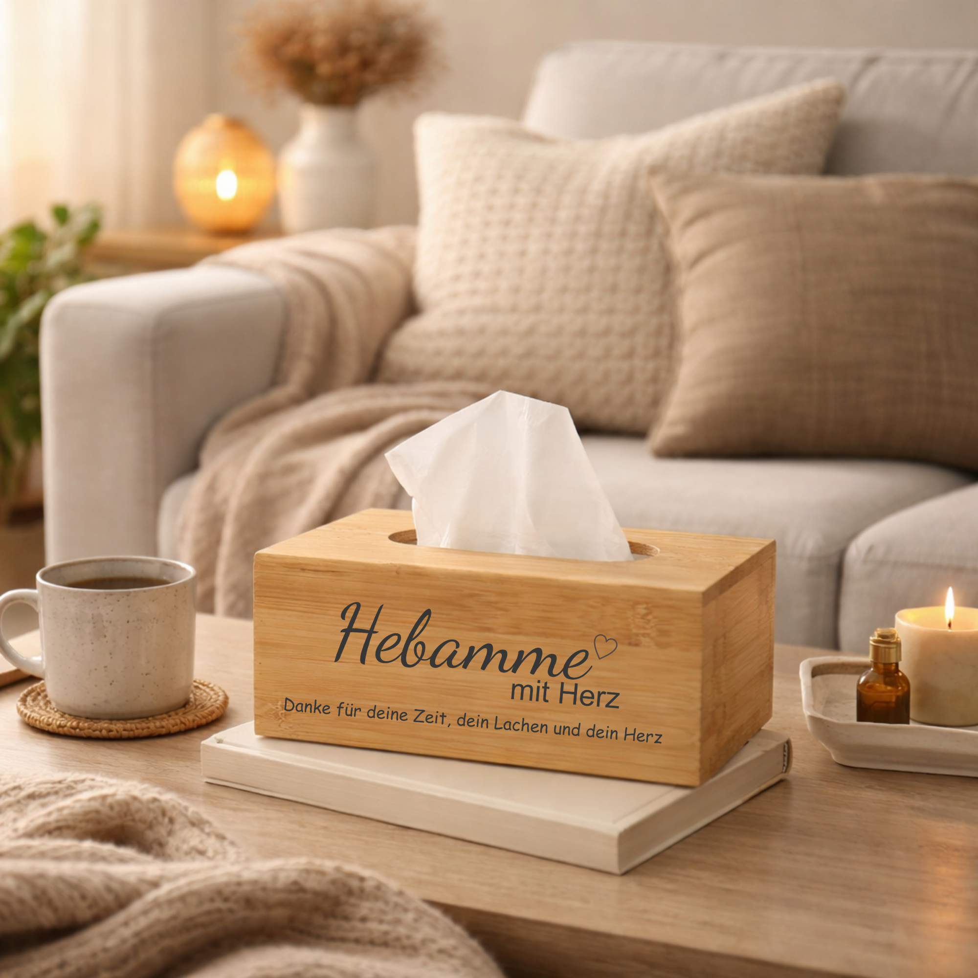 Taschentuchbox personalisiert aus Bambus – „WUNSCHTEXT mit Herz“ | Danke Geschenk & Abschiedsgeschenk