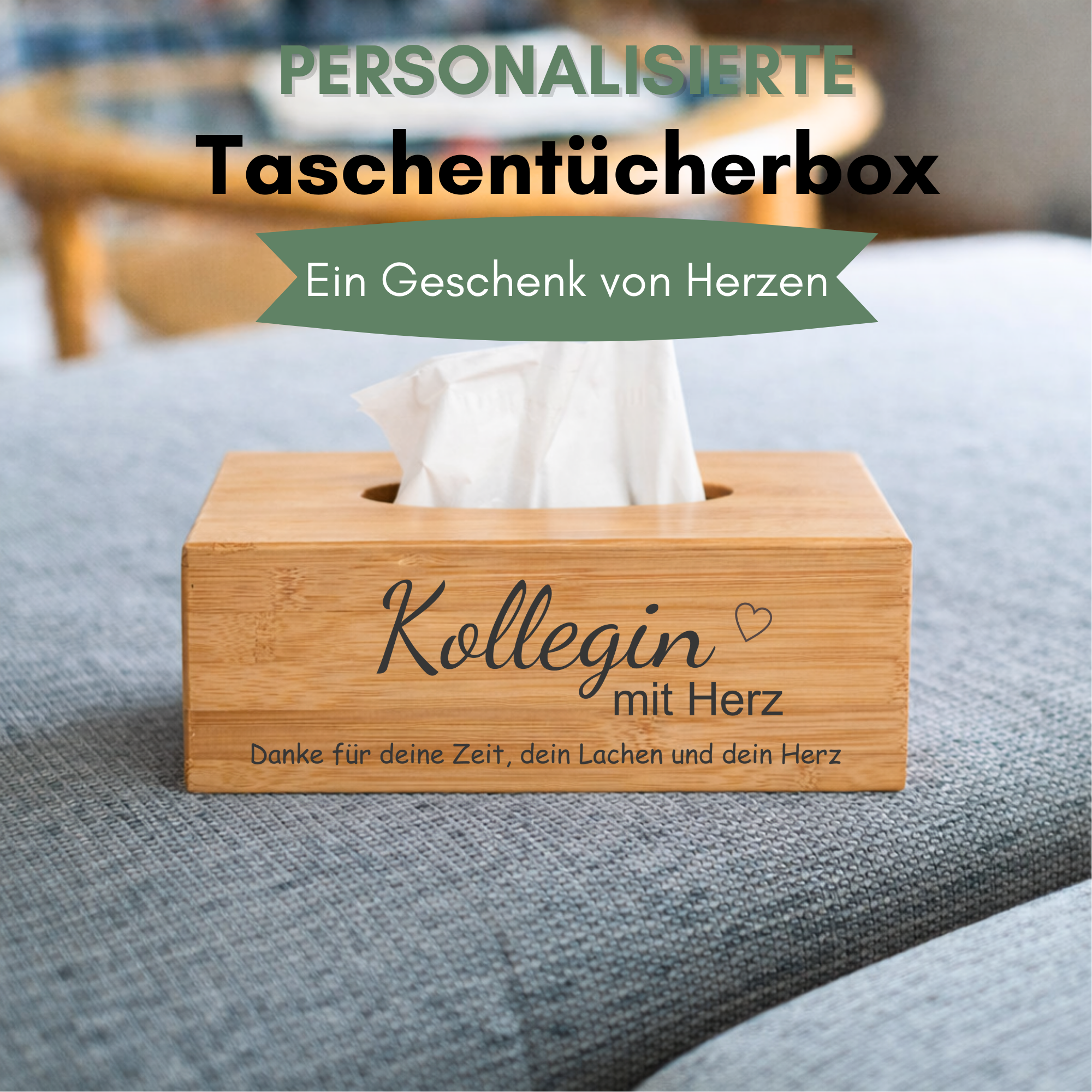 Taschentuchbox personalisiert aus Bambus – „WUNSCHTEXT mit Herz“ | Danke Geschenk & Abschiedsgeschenk