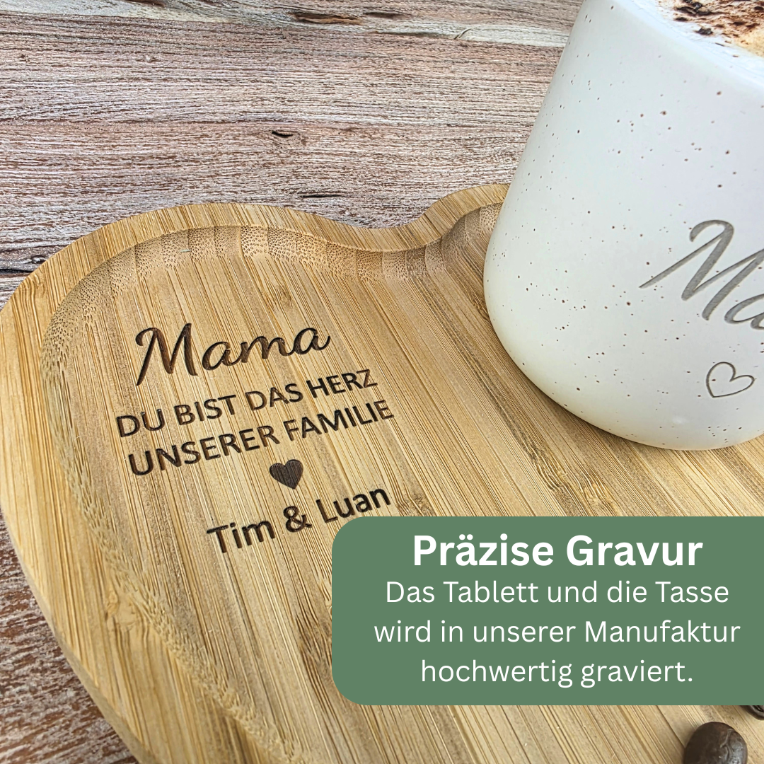 Muttertagsgeschenk Mama personalisiert – Tasse Mama & Herz Tablett mit Gravur | Geschenk für Mama & Oma | Du bist das Herz unserer Familie + Namen