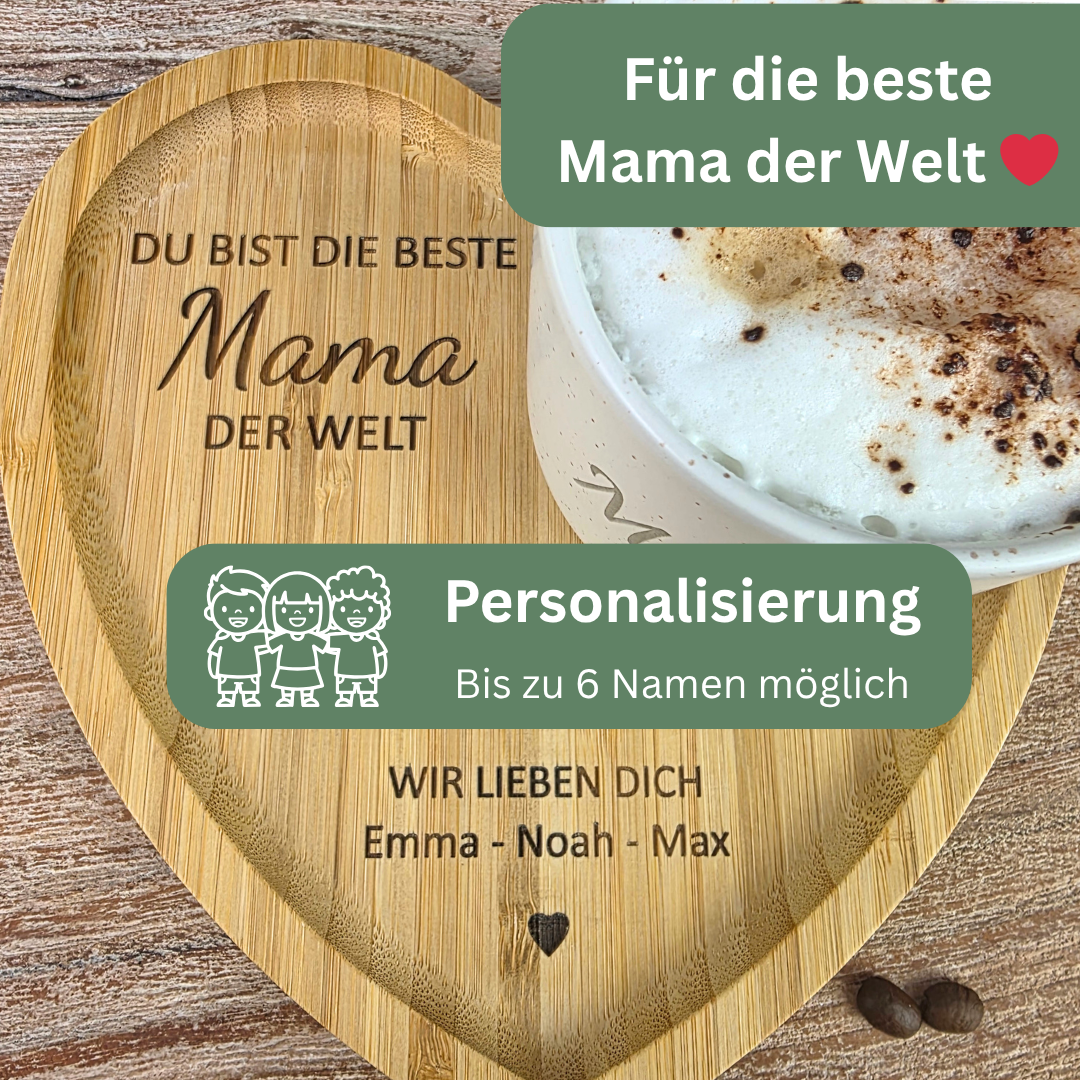 Muttertagsgeschenk Mama personalisiert – Tasse mit Herz-Tablett | Geschenk für Mama mit Namen | Du bist die beste Mama/Oma der Welt