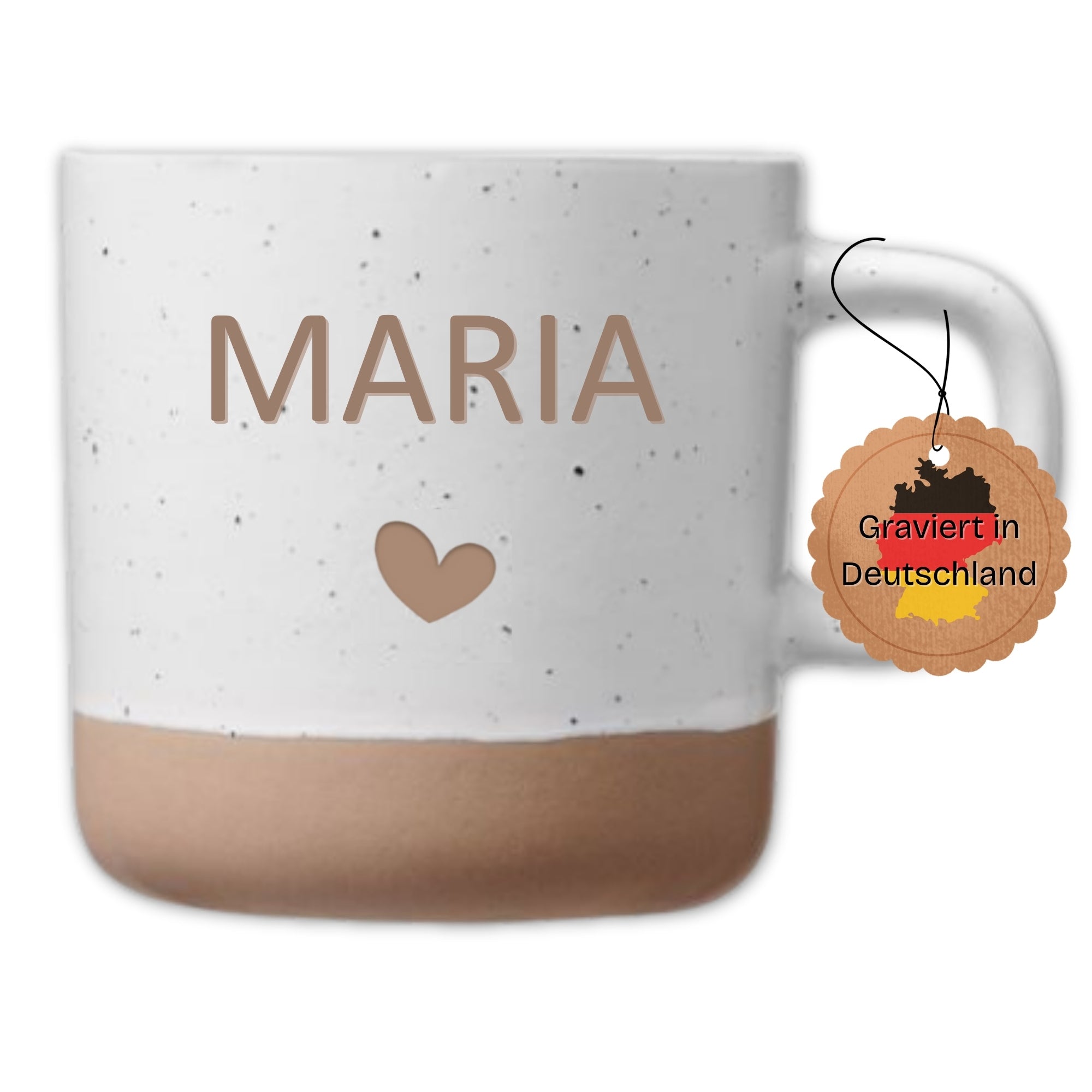 Personalisierte Steingut Tasse mit Gravur Maria und Herz, modernes Geschenk mit Stil