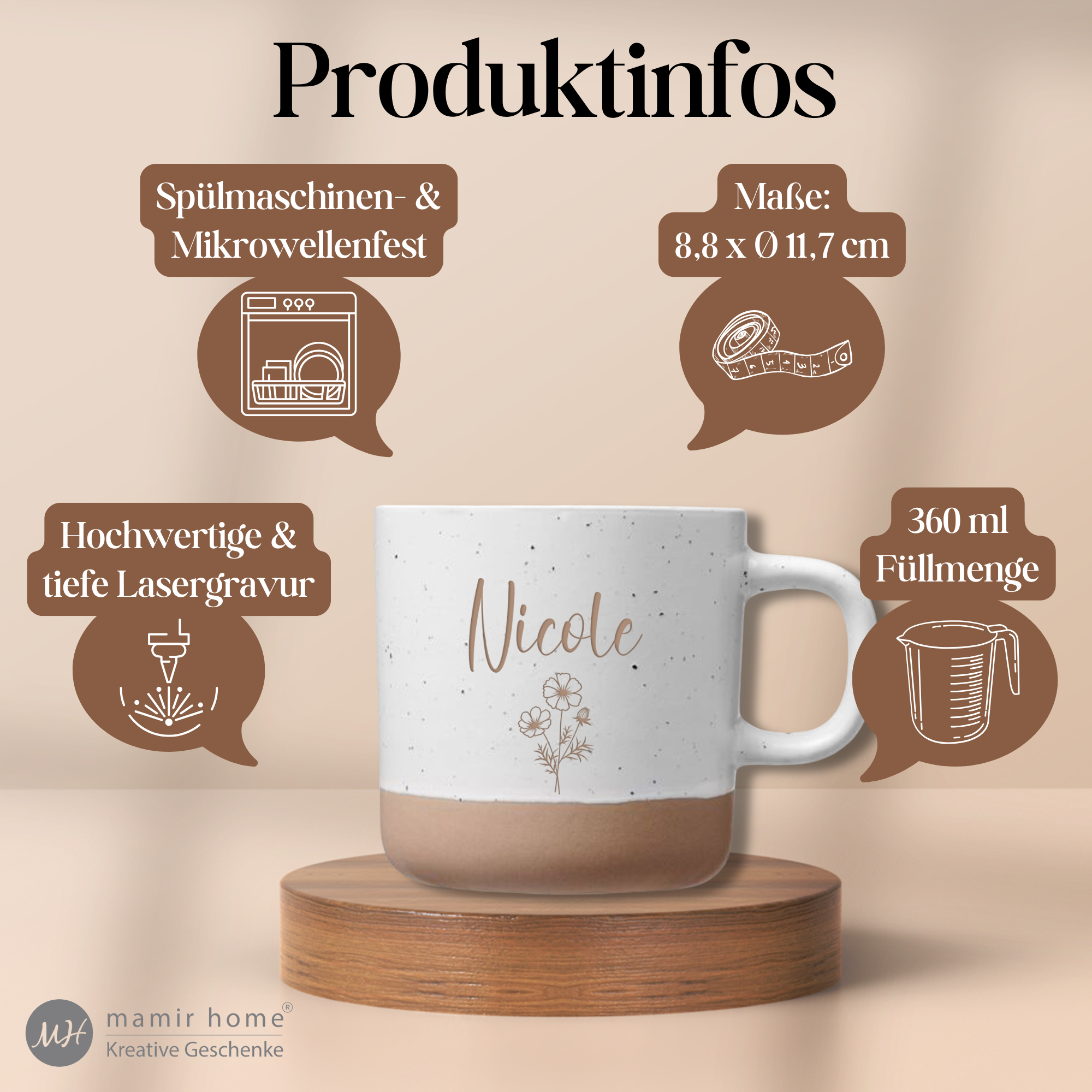 Tasse mit Namen – personalisierte Steingut-Tasse mit Name und Geburtsblume