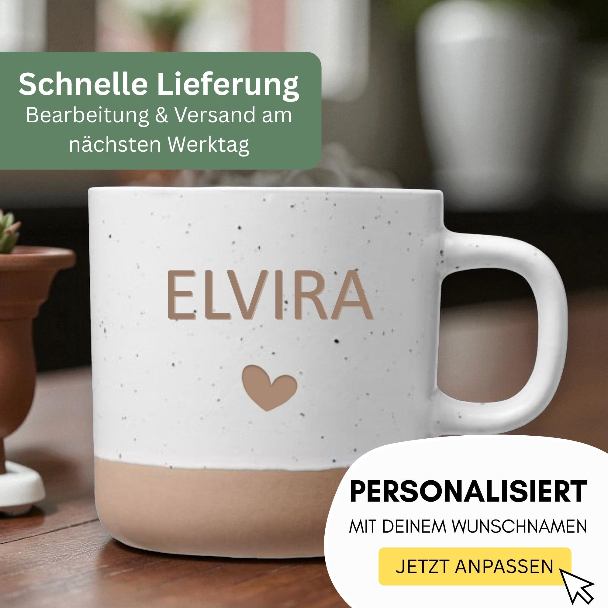 Gravierte Tasse ELVIRA mit Herzsymbol, personalisierbar mit deinem Wunschnamen