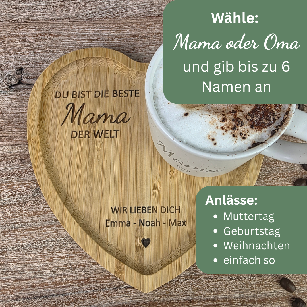Muttertagsgeschenk Mama personalisiert – Tasse mit Herz-Tablett | Geschenk für Mama mit Namen | Du bist die beste Mama/Oma der Welt