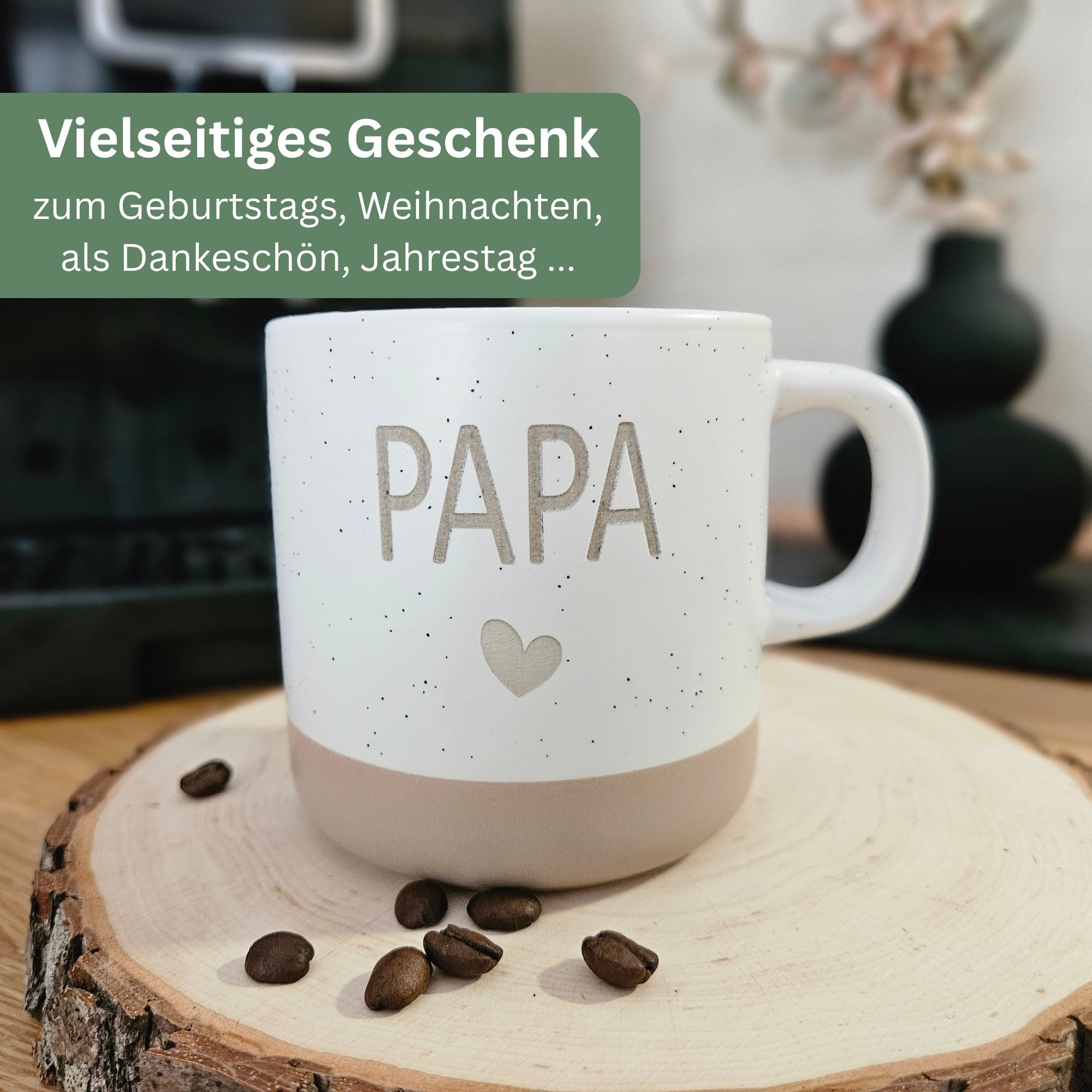 Gravierte Steingut Tasse PAPA mit Kaffeebohnen, vielseitiges Geschenk zum Geburtstag