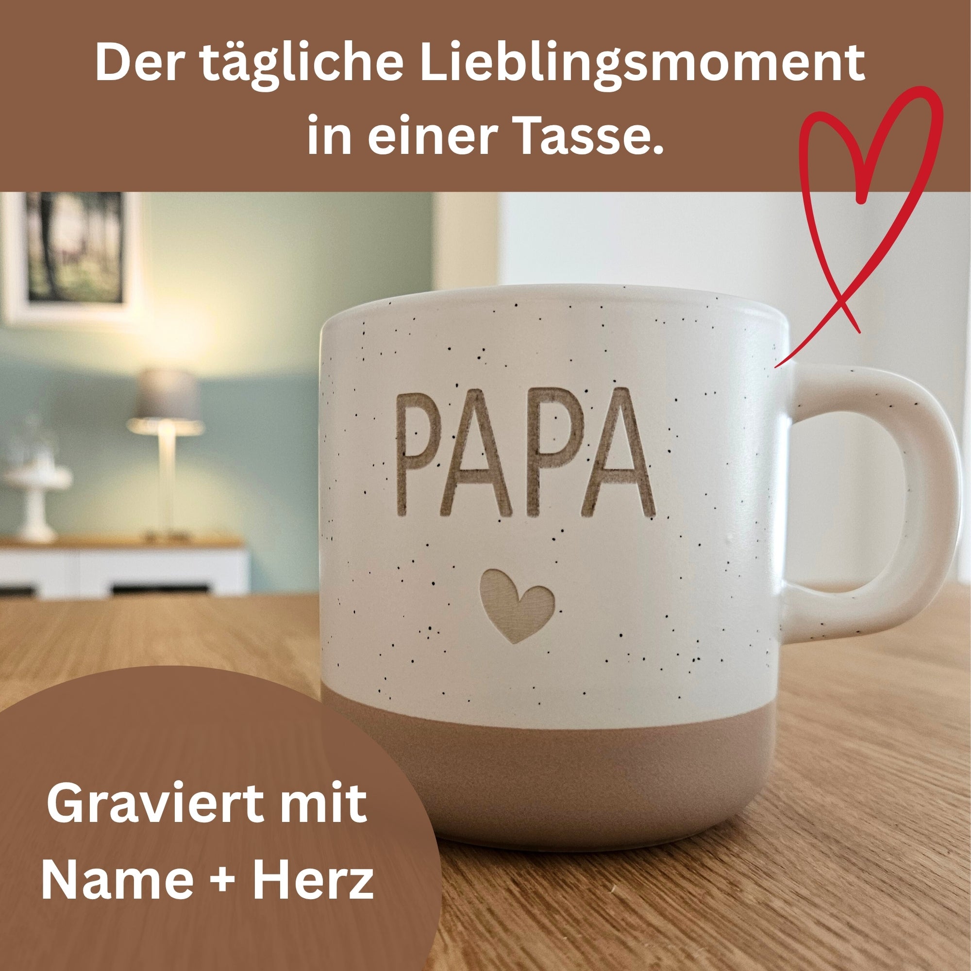 Steingut Tasse mit Gravur PAPA und Herz, emotionales Geschenk mit Liebe gefertigt