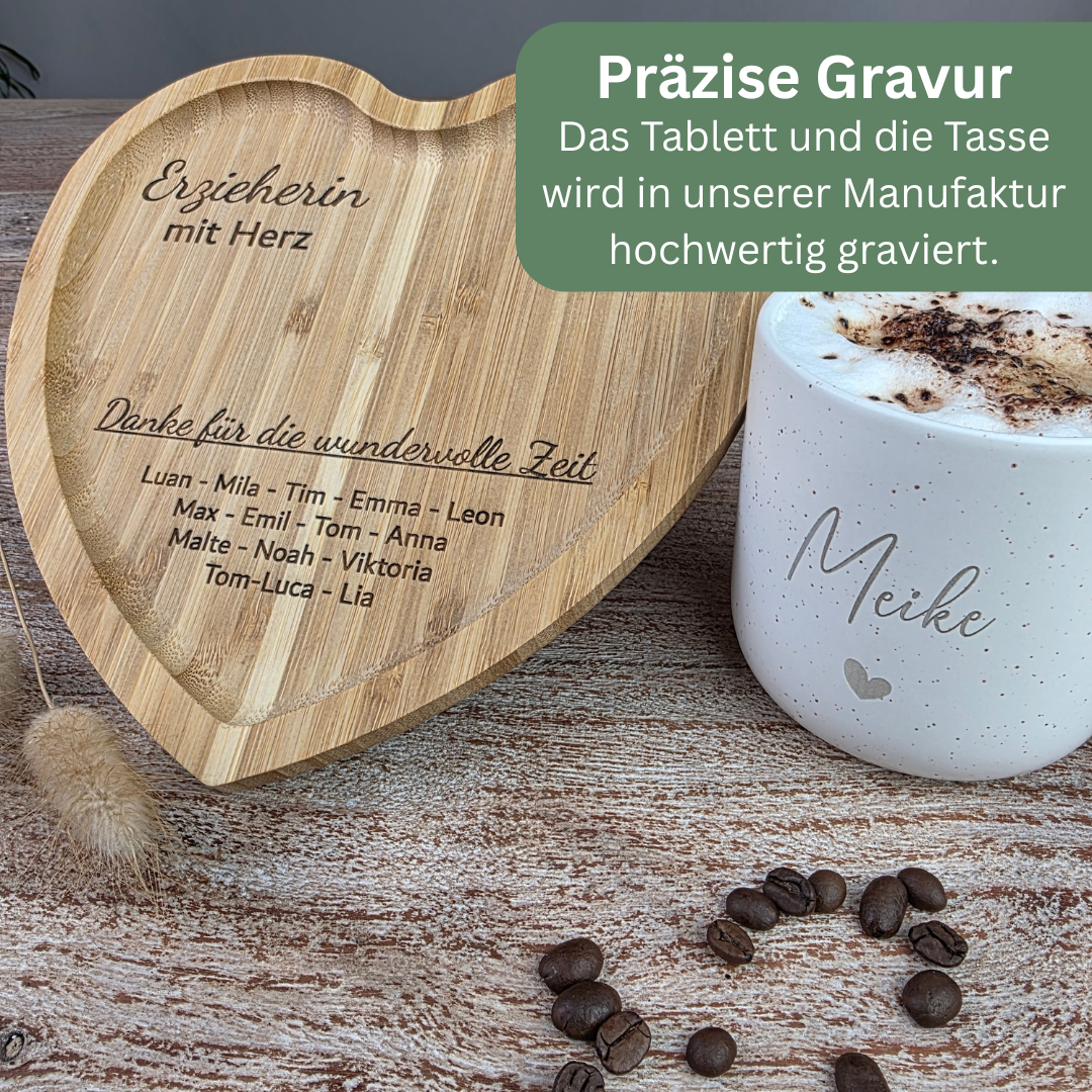 Abschiedsgeschenk Erzieherin mit Kindernamen – Personalisierte Tasse & Herz-Tablett | Geschenk Erzieherin Abschied