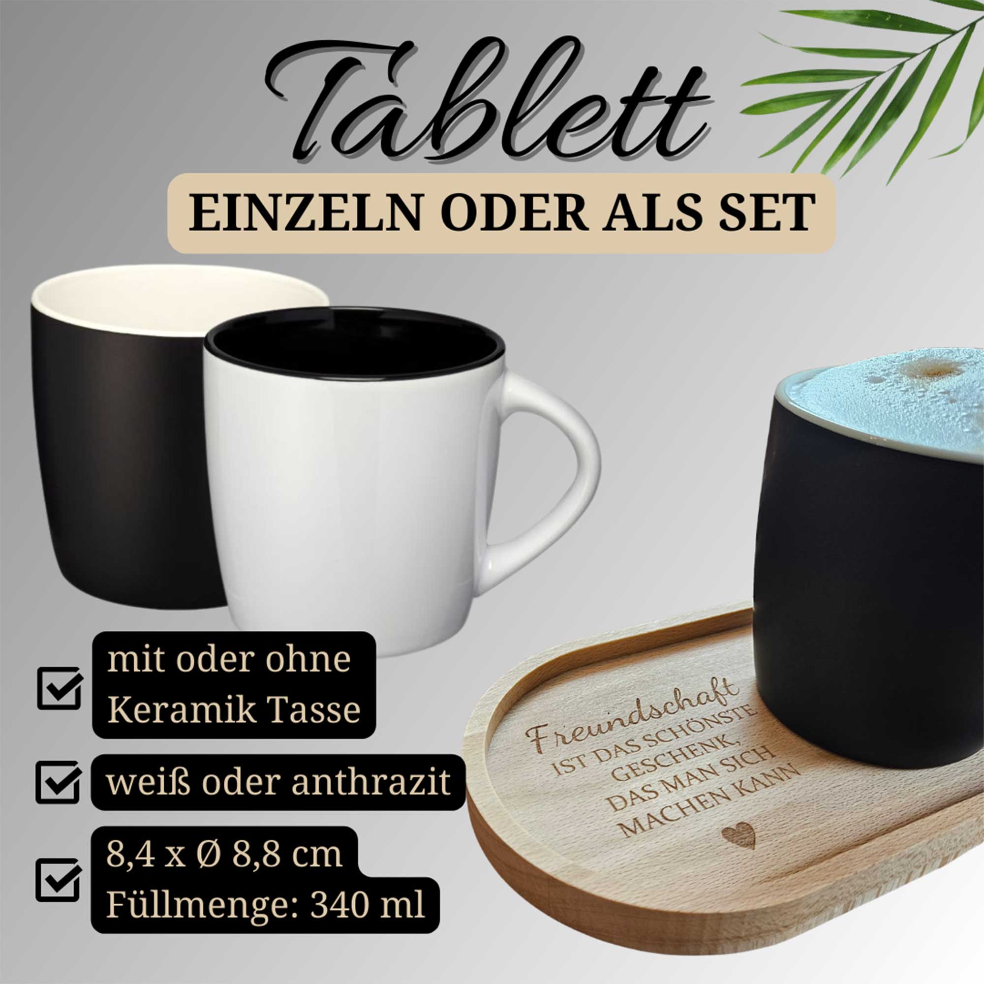 Optionen für Geschenkset: Tasse in Weiß oder Anthrazit passend zum Holztablett