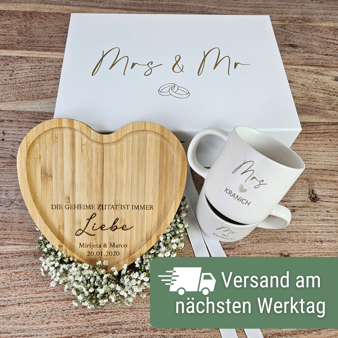 Hochzeitsgeschenk personalisiert – Mr & Mrs Tassen mit Namen & Herz-Tablett | Geschenk für das Brautpaar | Steingut Tasse Neutral