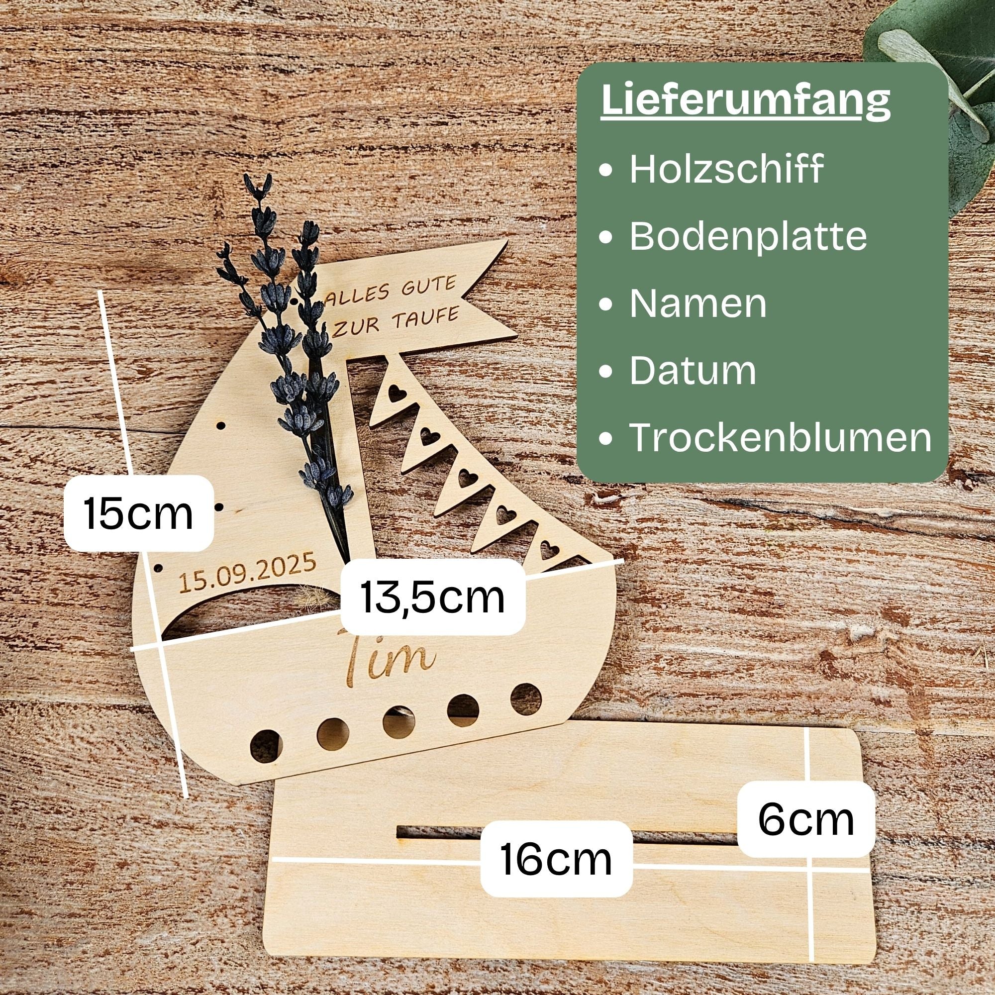 Übersicht mit Maßen und Lieferumfang des personalisierten Holzbootes zur Taufe