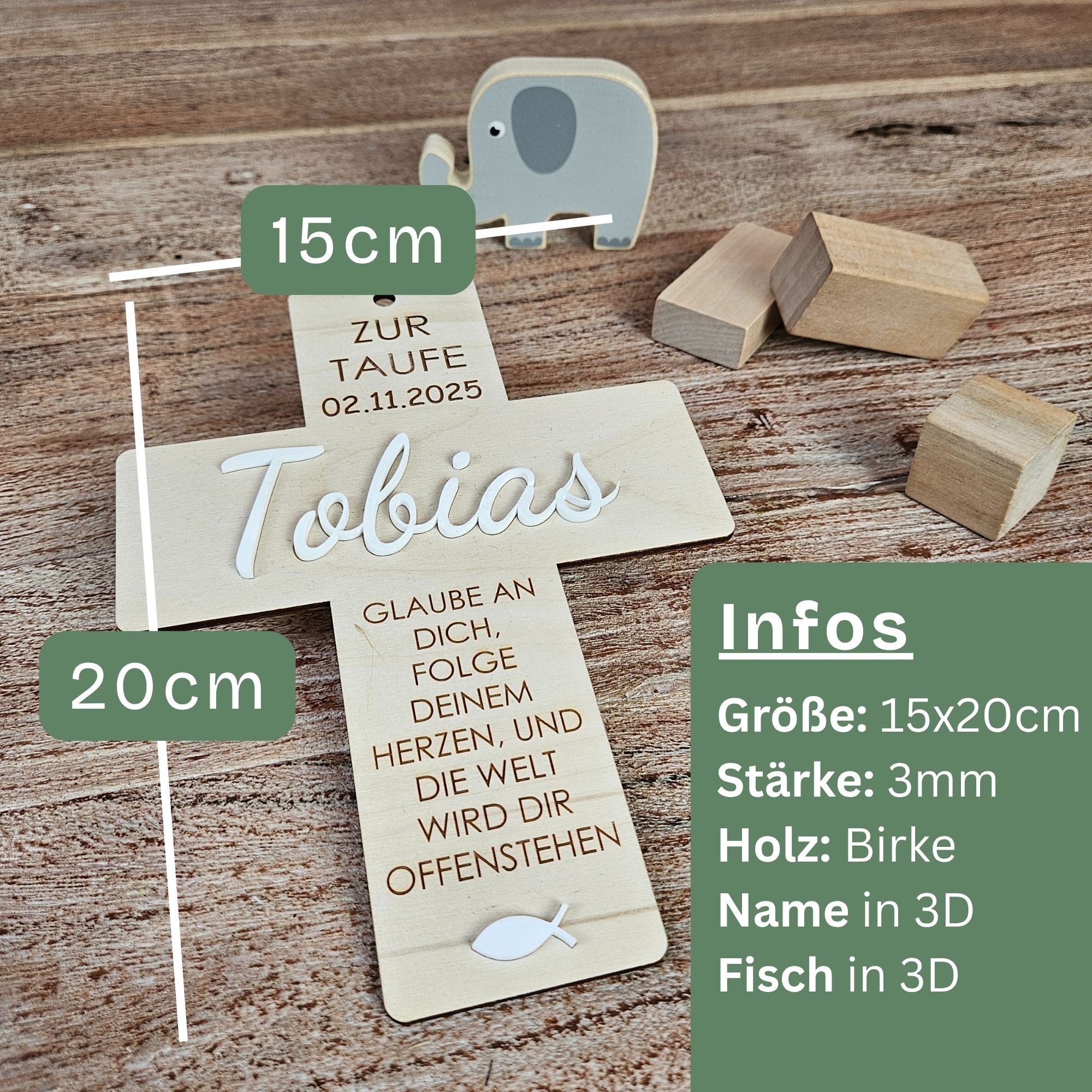 Infografik mit Groesse, Material und 3D-Elementen des personalisierten Taufkreuzes