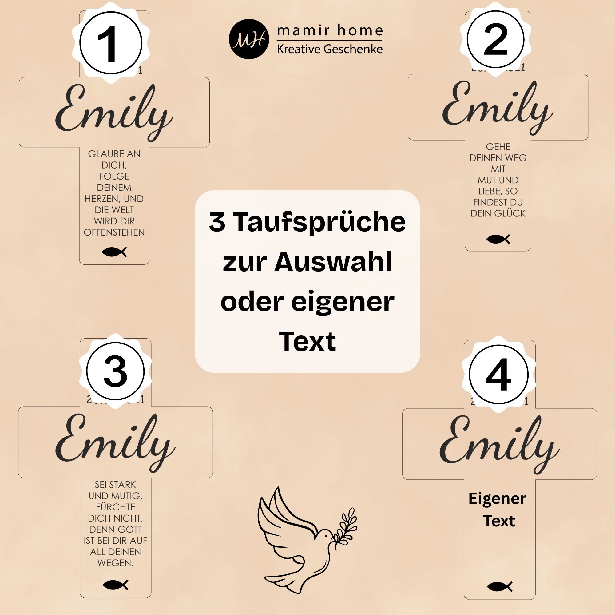 Collage mit drei Taufspruechen und Option eigener Text auf einem personalisierten Holzkreuz zur Taufe