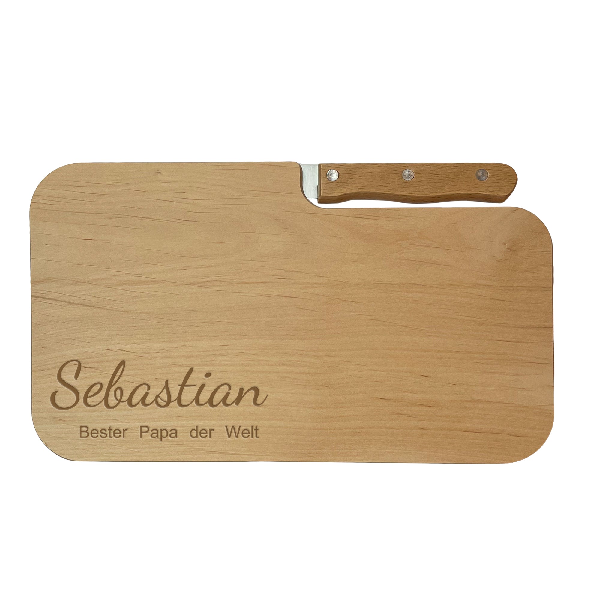 Graviertes Holzbrett mit Messer – originelles Geschenk zum Vatertag für den besten Papa