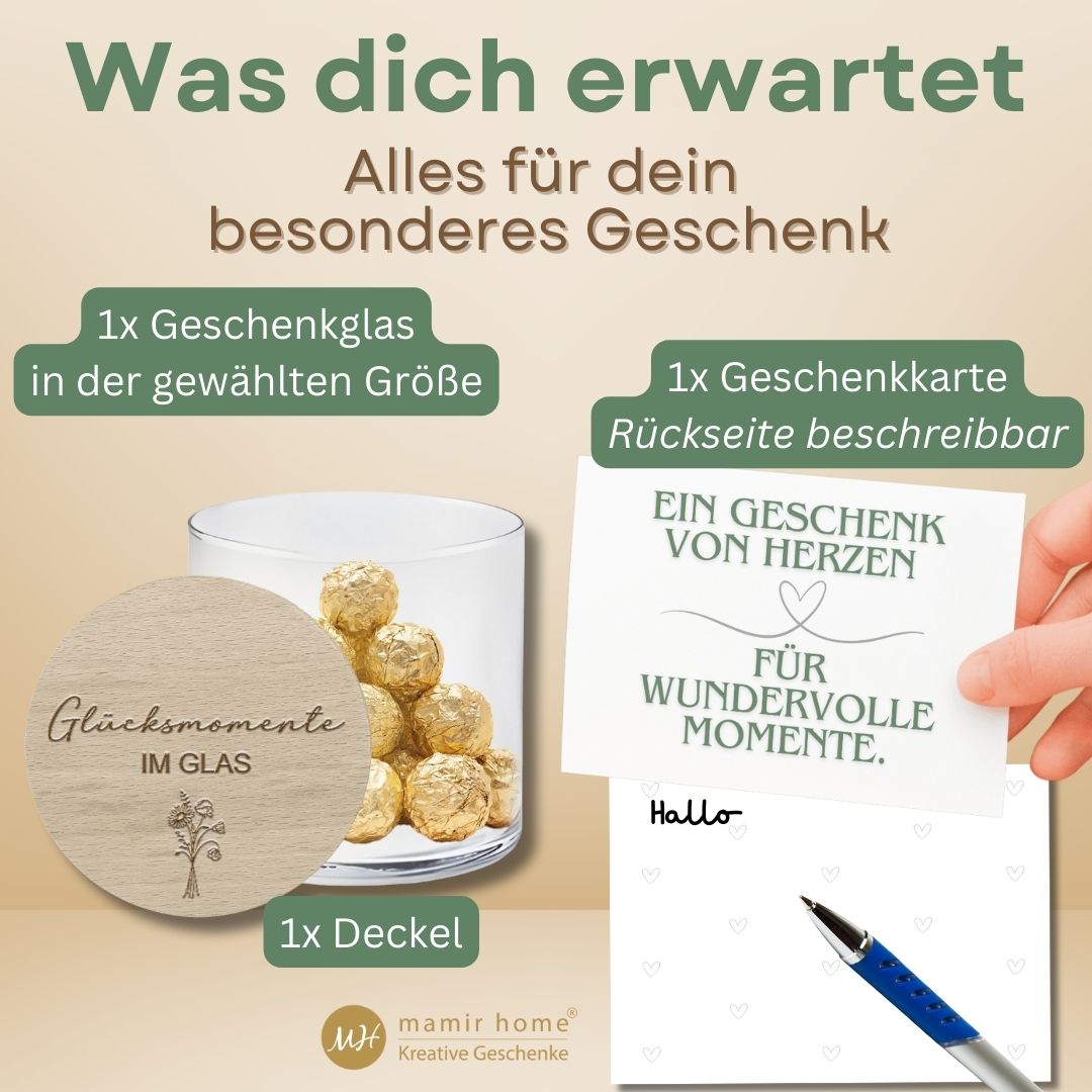 Personalisierbares Vorratsglas mit Dankeschön-Gravur, Deckel und Geschenkkarte