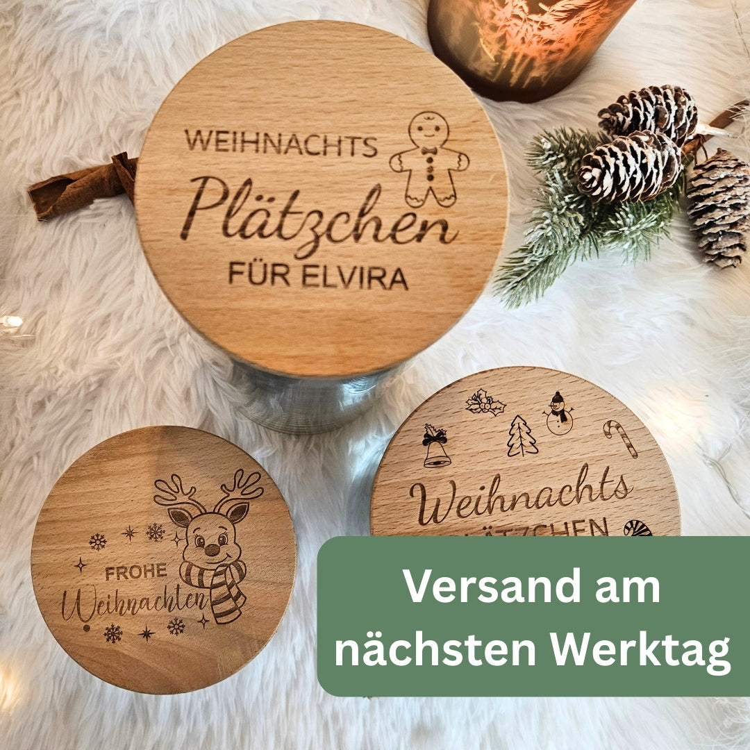 Vorratsglas Weihnachten mit Gravur Weihnachtsplätzchen, Versand am nächsten Werktag, Keksdose personalisiert