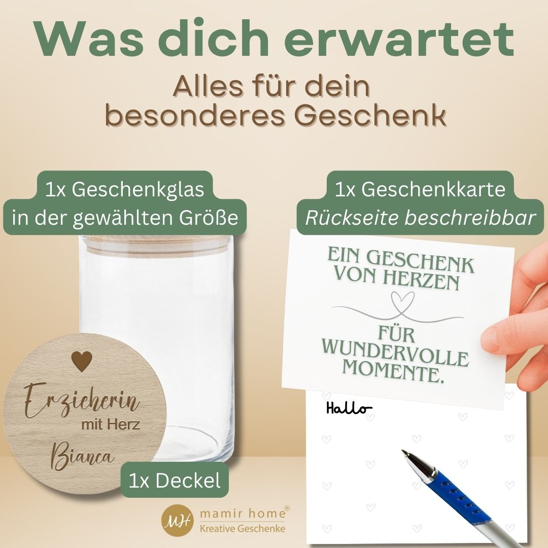 Abschiedsgeschenk Erzieherin oder Lehrerin – Personalisiertes Vorratsglas mit Name | Geschenk Kindergarten & Grundschule | Erzieherin mit Herz