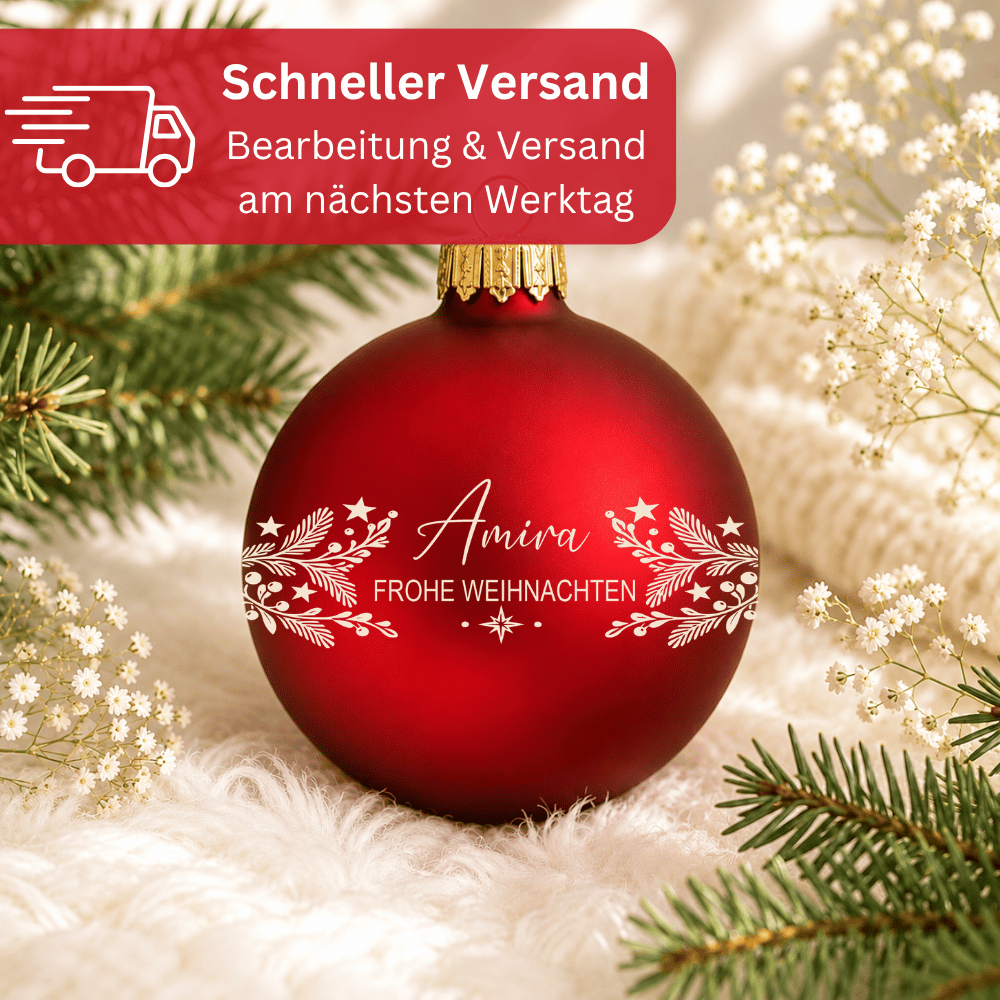 Weihnachtskugel personalisiert aus Glas – Name & rundes Zweigmotiv
