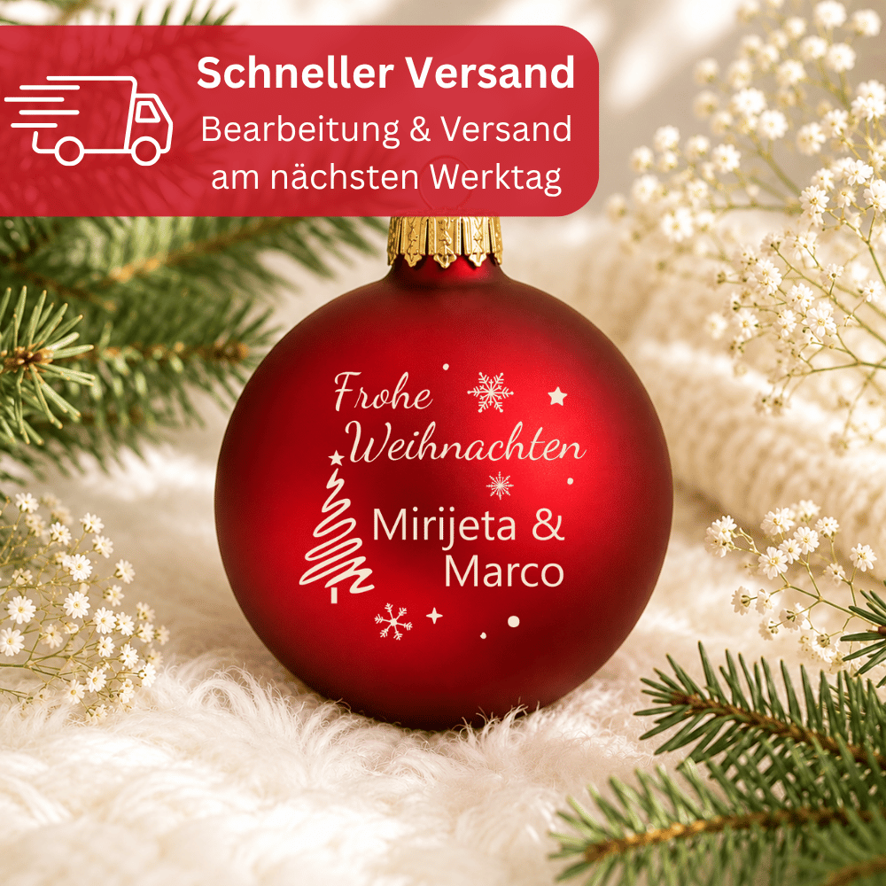 Weihnachtskugel personalisiert aus Glas – Frohe Weihnachten mit 1 oder 2 Namen